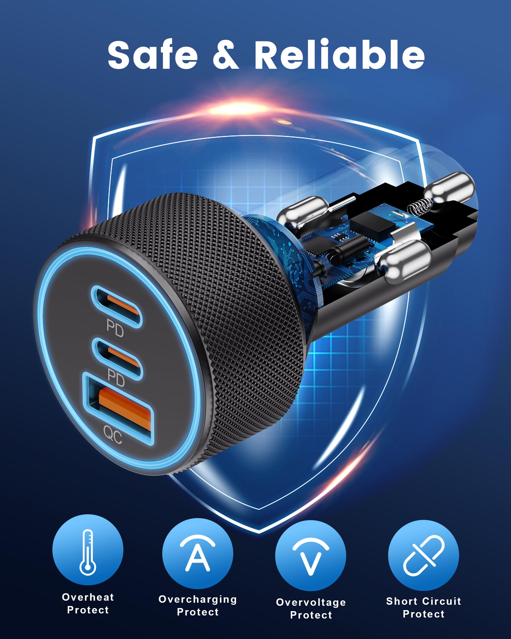 USB C Car Charger, 3 Ports 67W Dual USB-C and USB-A Car Power Adapter PD/QC Fast Charging Cigarette Lighter for iPhone 16/15/14/13/12/11/Pro Max, iPad, Samsung Galaxy S25 S24/S23 /S22/S2S21, Pixel, Android