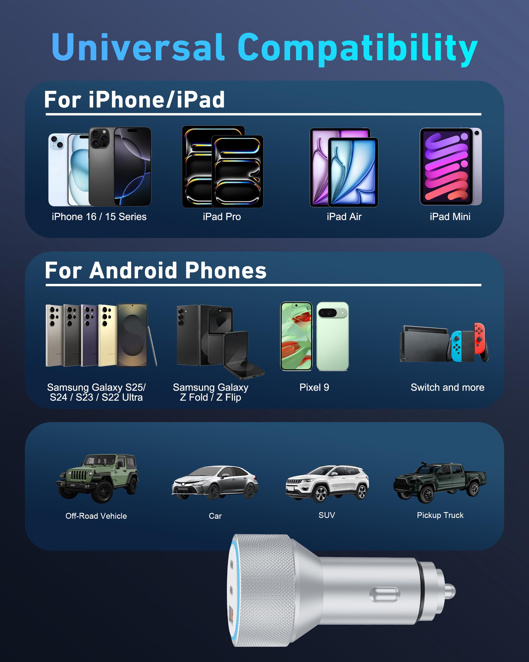 iPhone 15/16 Pro Max Car Charger, 67W 3 Port Fast USB C Car Charger Power Cigarette Lighter Adapter with 3FT USB C to C Cable for iPhone 15/15 Plus/15 Pro Max/16/16 Pro Max, iPad Pro / iAir/Mini