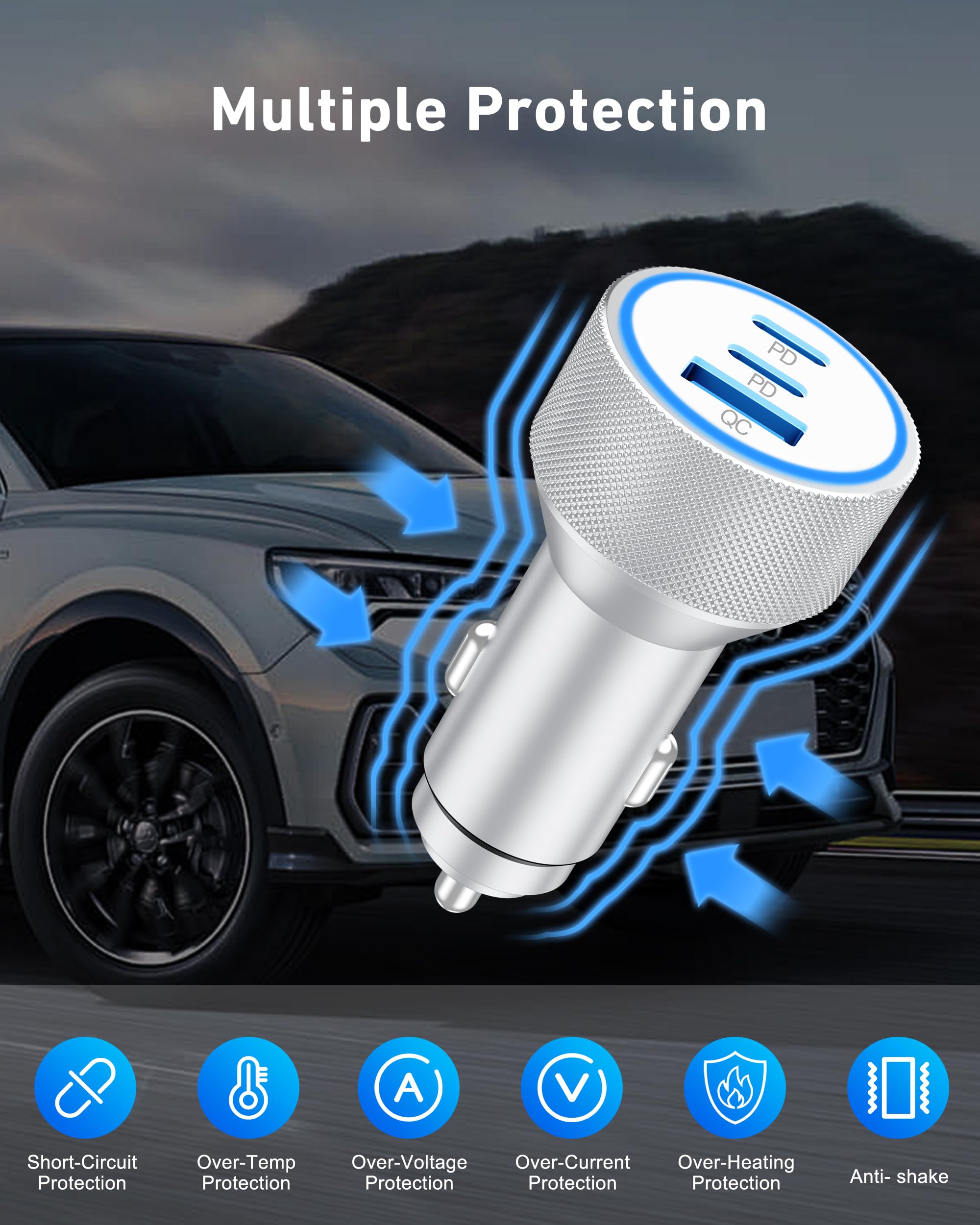 iPhone 15/16 Pro Max Car Charger, 67W 3 Port Fast USB C Car Charger Power Cigarette Lighter Adapter with 3FT USB C to C Cable for iPhone 15/15 Plus/15 Pro Max/16/16 Pro Max, iPad Pro / iAir/Mini