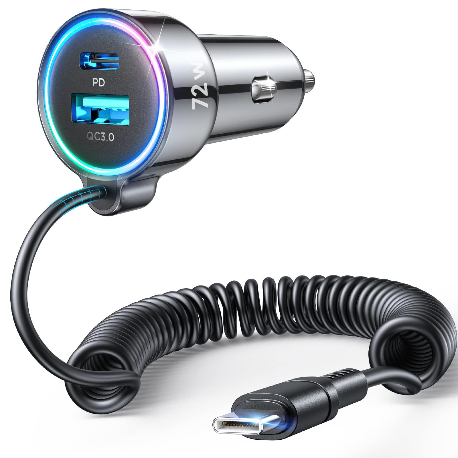 USB C 60W Car Charger for iPhone 16 Pro, PD and QC3.0 w/5ft 30W Type C Coiled Cable, Fast Car Charger Adapter for iPhone 15 Pro Max Plus, Samsung Galaxy S24/S23/S22, Pix el/Moto. /LG/Android, iPad
