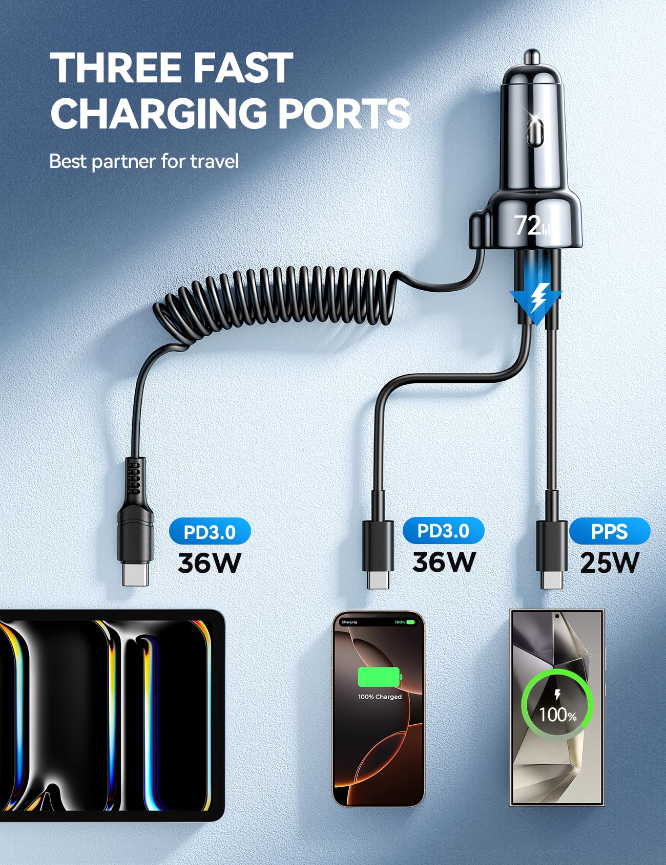 USB C 60W Car Charger for iPhone 16 Pro, PD and QC3.0 w/5ft 30W Type C Coiled Cable, Fast Car Charger Adapter for iPhone 15 Pro Max Plus, Samsung Galaxy S24/S23/S22, Pix el/Moto. /LG/Android, iPad