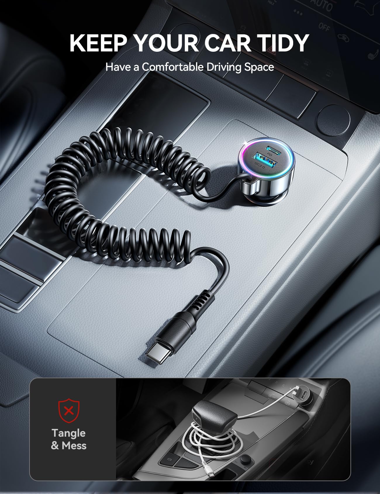 USB C 60W Car Charger for iPhone 16 Pro, PD and QC3.0 w/5ft 30W Type C Coiled Cable, Fast Car Charger Adapter for iPhone 15 Pro Max Plus, Samsung Galaxy S24/S23/S22, Pix el/Moto. /LG/Android, iPad