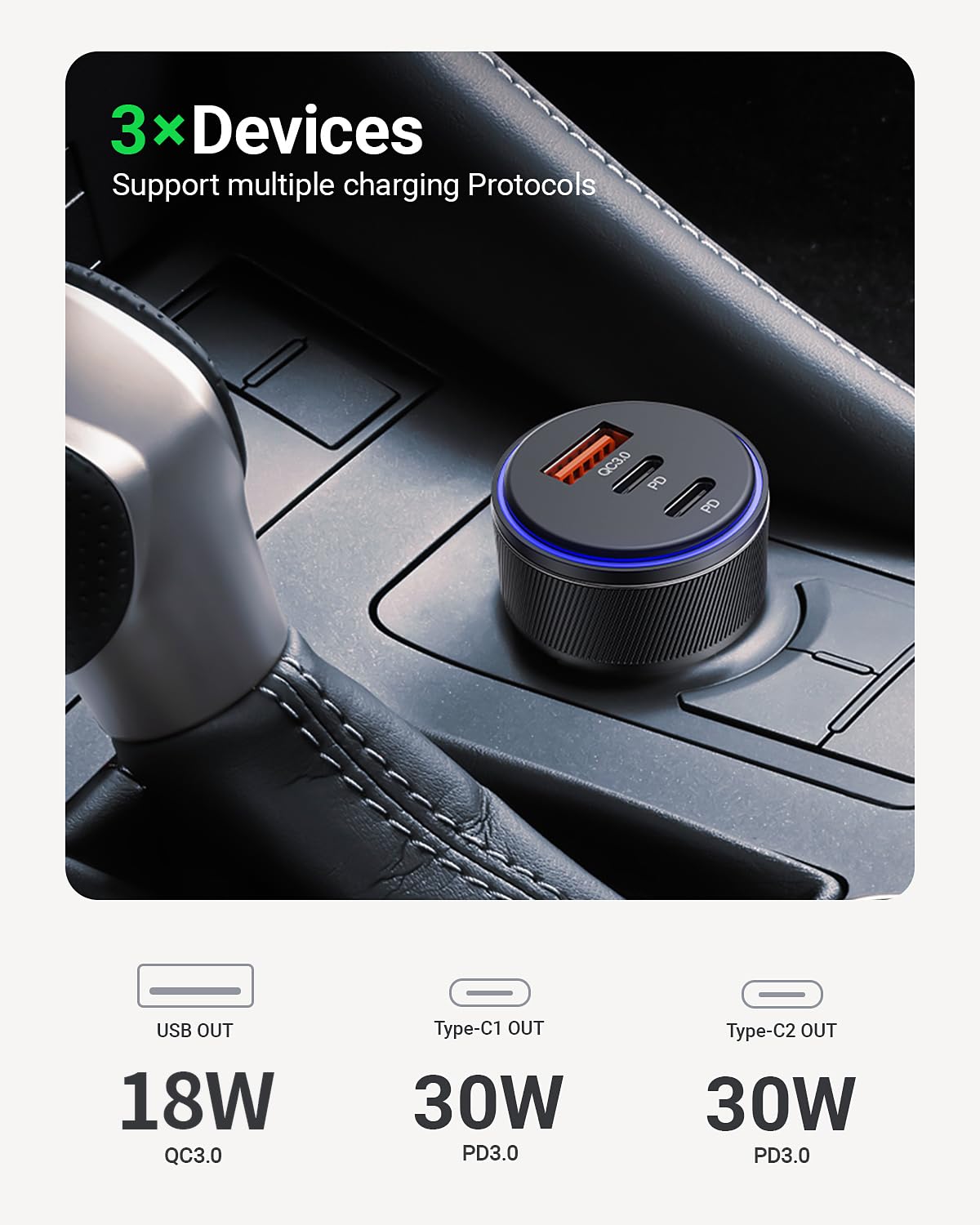 USB-C Car Charger, 3-Port 90W Fast Car Charger, Dual USB-C and USB-A Car Power Adapter, PD3.0 and QC3.0 Fast Charging for iPhone 16/15/14/13 Pro Max, iPad, MacBook etc.