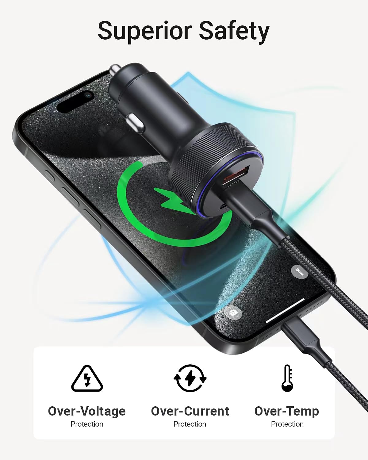 USB-C Car Charger, 3-Port 90W Fast Car Charger, Dual USB-C and USB-A Car Power Adapter, PD3.0 and QC3.0 Fast Charging for iPhone 16/15/14/13 Pro Max, iPad, MacBook etc.