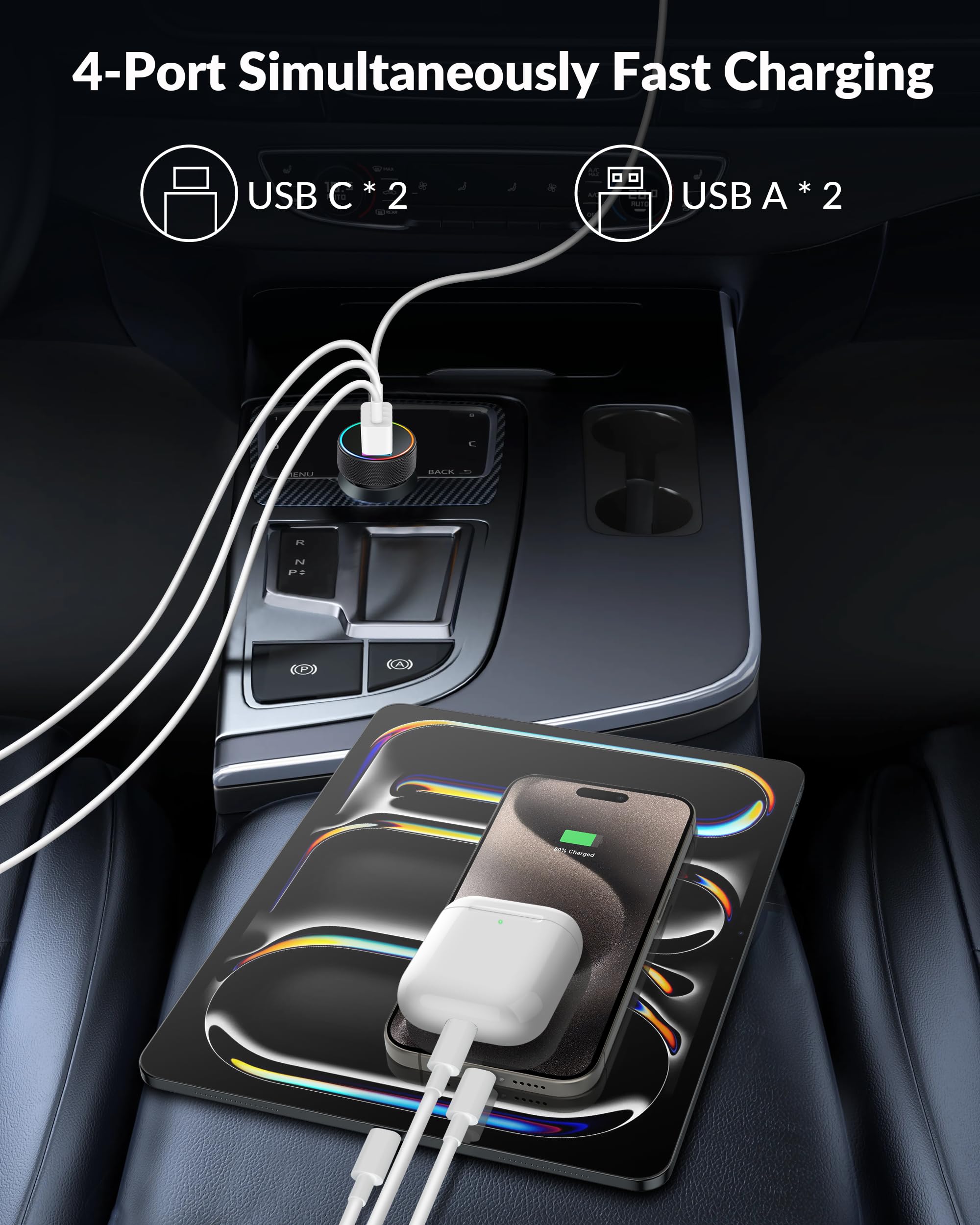 USB C Car Charger, 4 Ports 90W Dual USB-C and USB-A Car Charger Adapter PD/QC Multi-Port Fast Charging Cigarette Lighter for iPhone 16 15 14 13 12 11 Pro Max, iPad, Samsung S24 S2 3 S22 , Pixel, Android