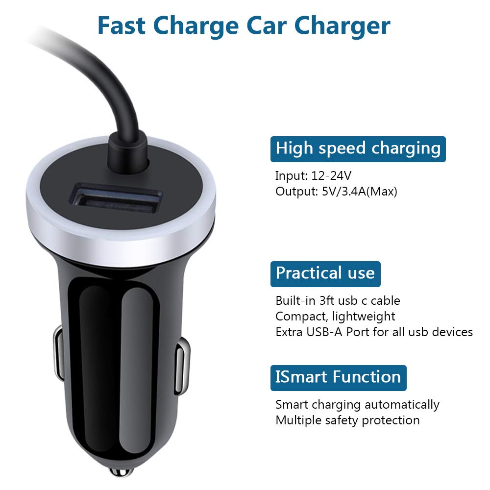 USB C Car Charger, 3.4A Fast Charging Car Adapter + 3ft Type C Cable for Samsung Galaxy S25 S24 S23 S22 S21 S20 S10 Note 20 A10E A20 A50 A51 A71,LG Stylo 6 /5/4 G7 V60 ThinQ Moto G8 G7 Google Pixel 4 3a