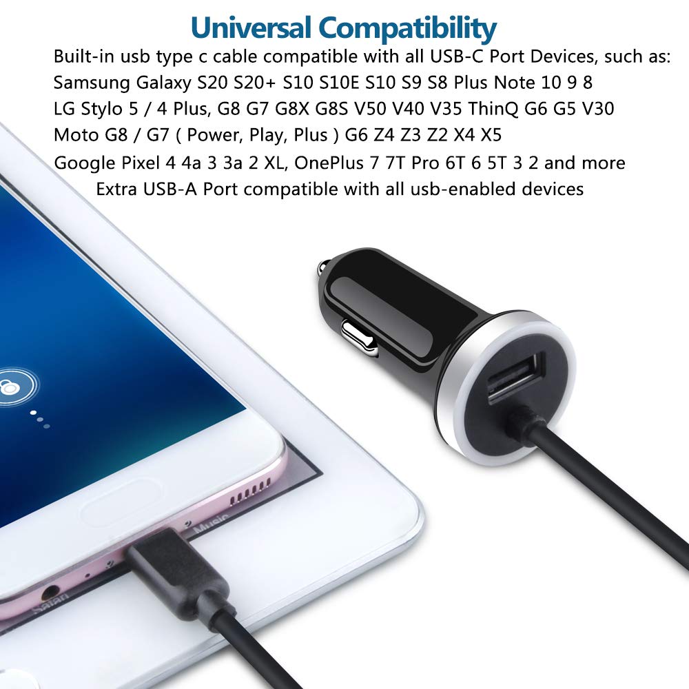 USB C Car Charger, 3.4A Fast Charging Car Adapter + 3ft Type C Cable for Samsung Galaxy S25 S24 S23 S22 S21 S20 S10 Note 20 A10E A20 A50 A51 A71,LG Stylo 6 /5/4 G7 V60 ThinQ Moto G8 G7 Google Pixel 4 3a