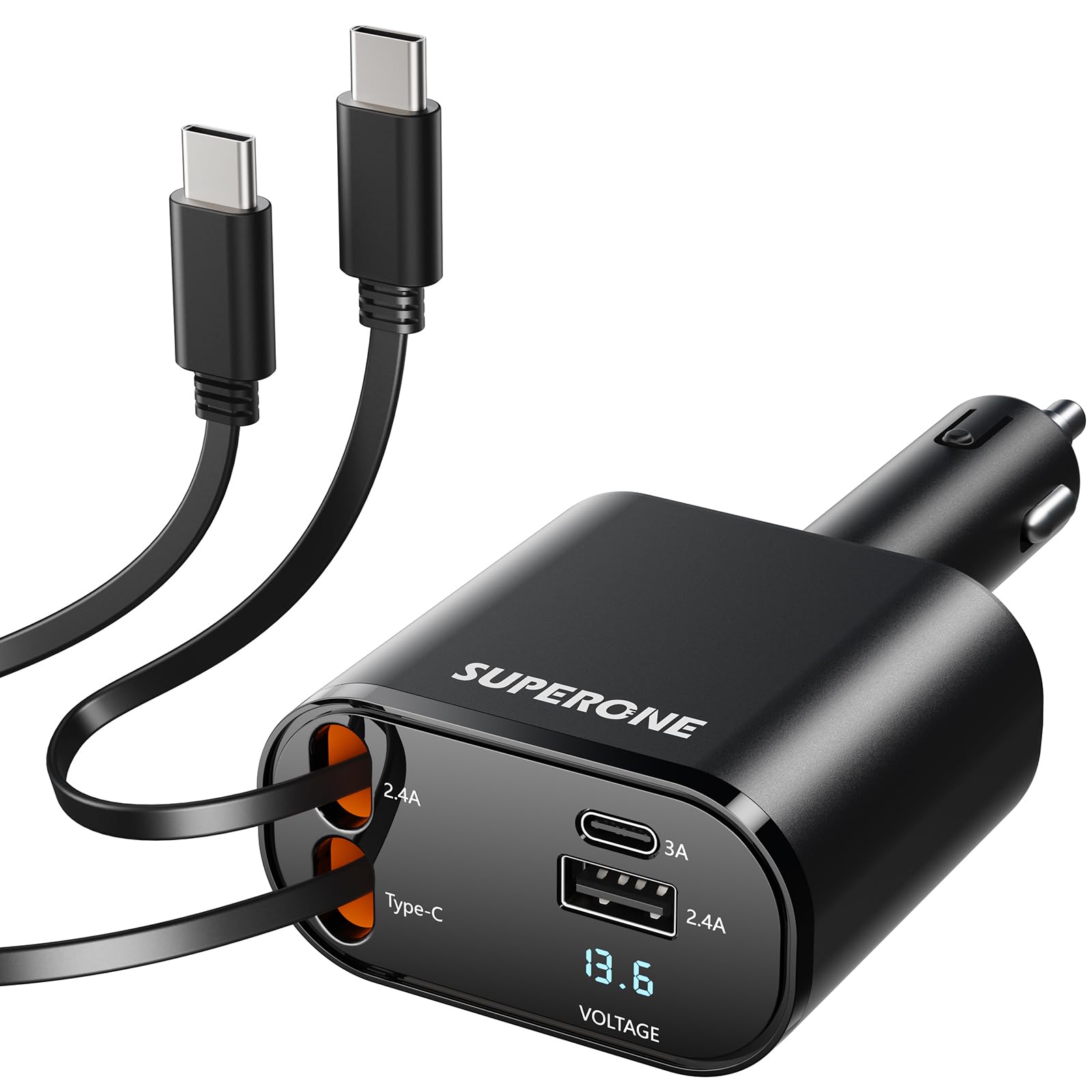 Retractable Car Charger for iPhone Dual Type C Cable, 4 in 1 USB C Car Charger Adapter with PD 60W Fast Charging, Compatible with iPhone 16 15 14 13 12 11 Pro/XS/XR/SE/iPad/Air Pods