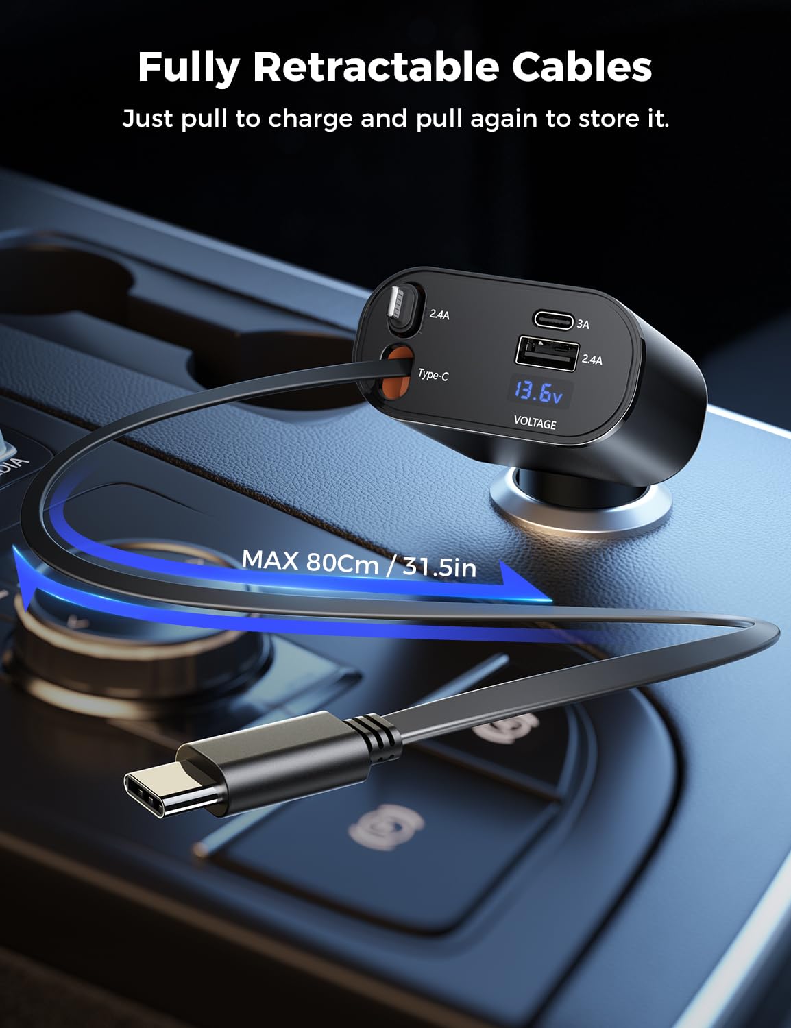 Retractable Car Charger for iPhone Dual Type C Cable, 4 in 1 USB C Car Charger Adapter with PD 60W Fast Charging, Compatible with iPhone 16 15 14 13 12 11 Pro/XS/XR/SE/iPad/Air Pods