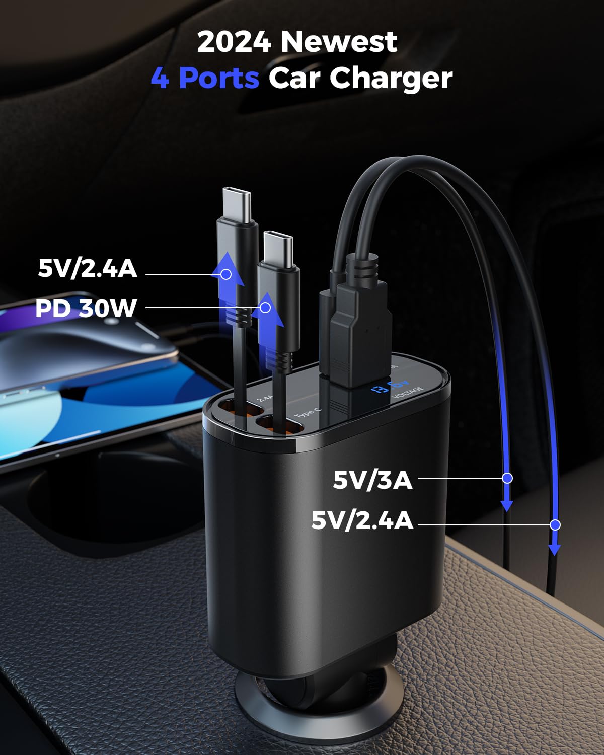Retractable Car Charger for iPhone Dual Type C Cable, 4 in 1 USB C Car Charger Adapter with PD 60W Fast Charging, Compatible with iPhone 16 15 14 13 12 11 Pro/XS/XR/SE/iPad/Air Pods