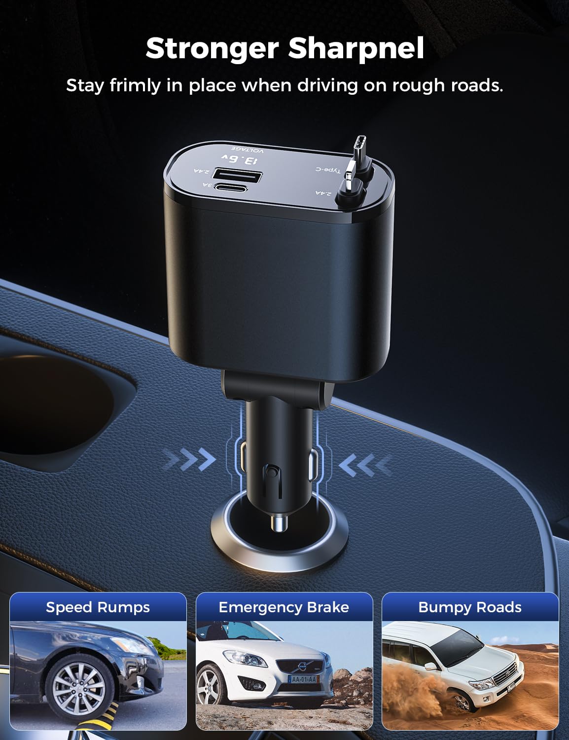 Retractable Car Charger for iPhone Dual Type C Cable, 4 in 1 USB C Car Charger Adapter with PD 60W Fast Charging, Compatible with iPhone 16 15 14 13 12 11 Pro/XS/XR/SE/iPad/Air Pods