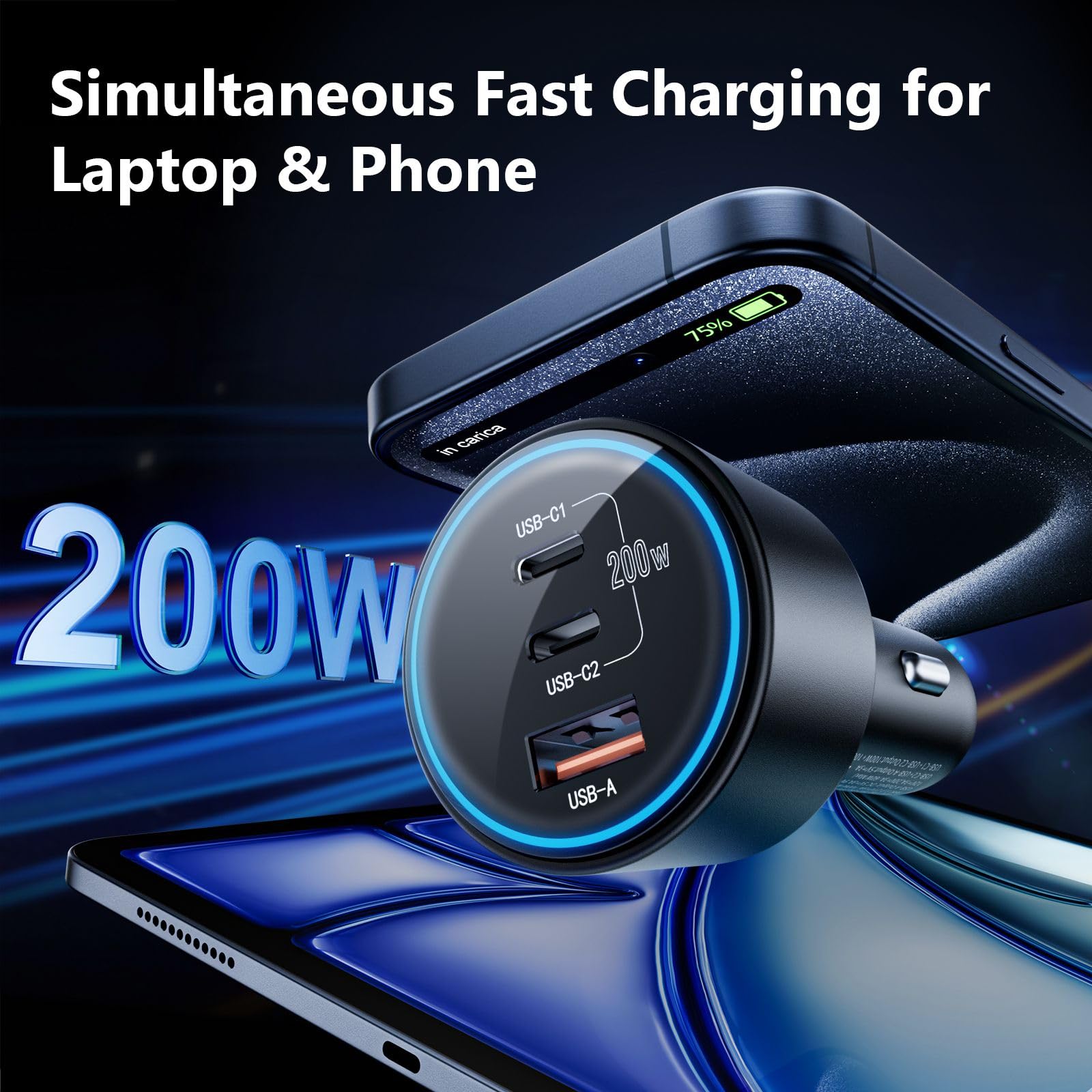 USB C Car Charger Fast Charging 200W, Dual PD 100W Type C Car Charger, PD3.0/QC4.0/PPS Cigarette Lighter Adapter for iPhone 16/15/14/13/12, Galaxy S22/S21 Ultra, MacBook laptops, etc.