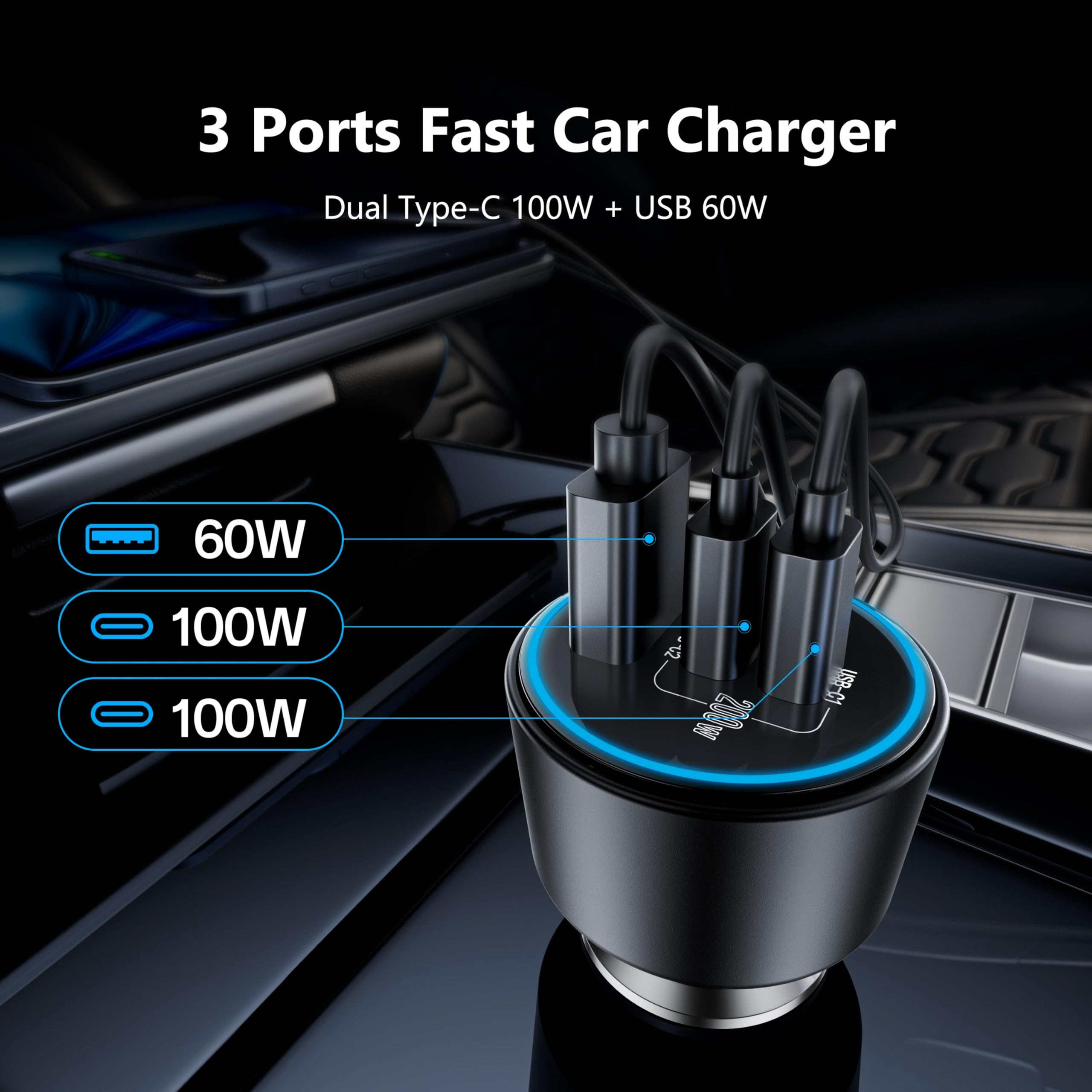 USB C Car Charger Fast Charging 200W, Dual PD 100W Type C Car Charger, PD3.0/QC4.0/PPS Cigarette Lighter Adapter for iPhone 16/15/14/13/12, Galaxy S22/S21 Ultra, MacBook laptops, etc.