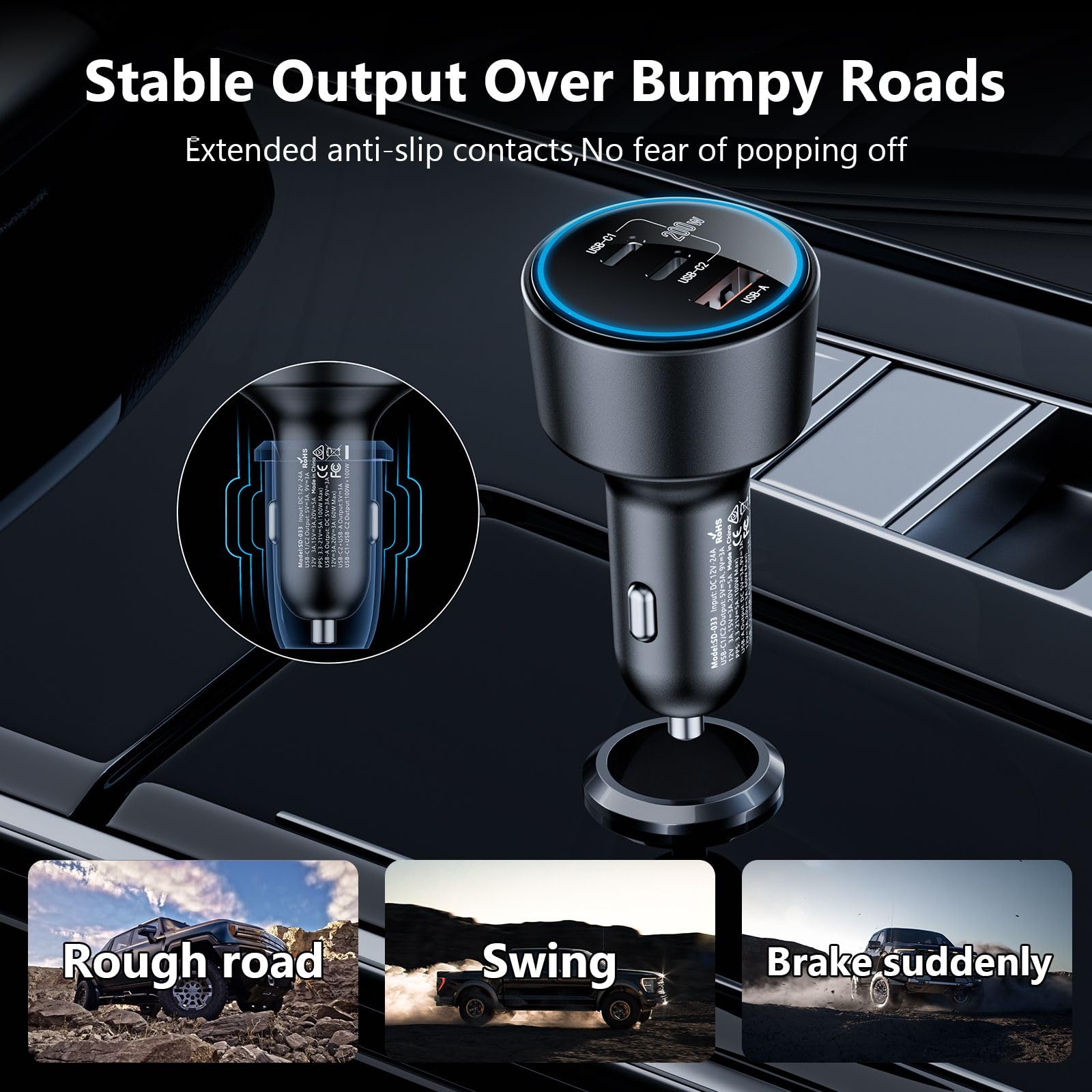 USB C Car Charger Fast Charging 200W, Dual PD 100W Type C Car Charger, PD3.0/QC4.0/PPS Cigarette Lighter Adapter for iPhone 16/15/14/13/12, Galaxy S22/S21 Ultra, MacBook laptops, etc.