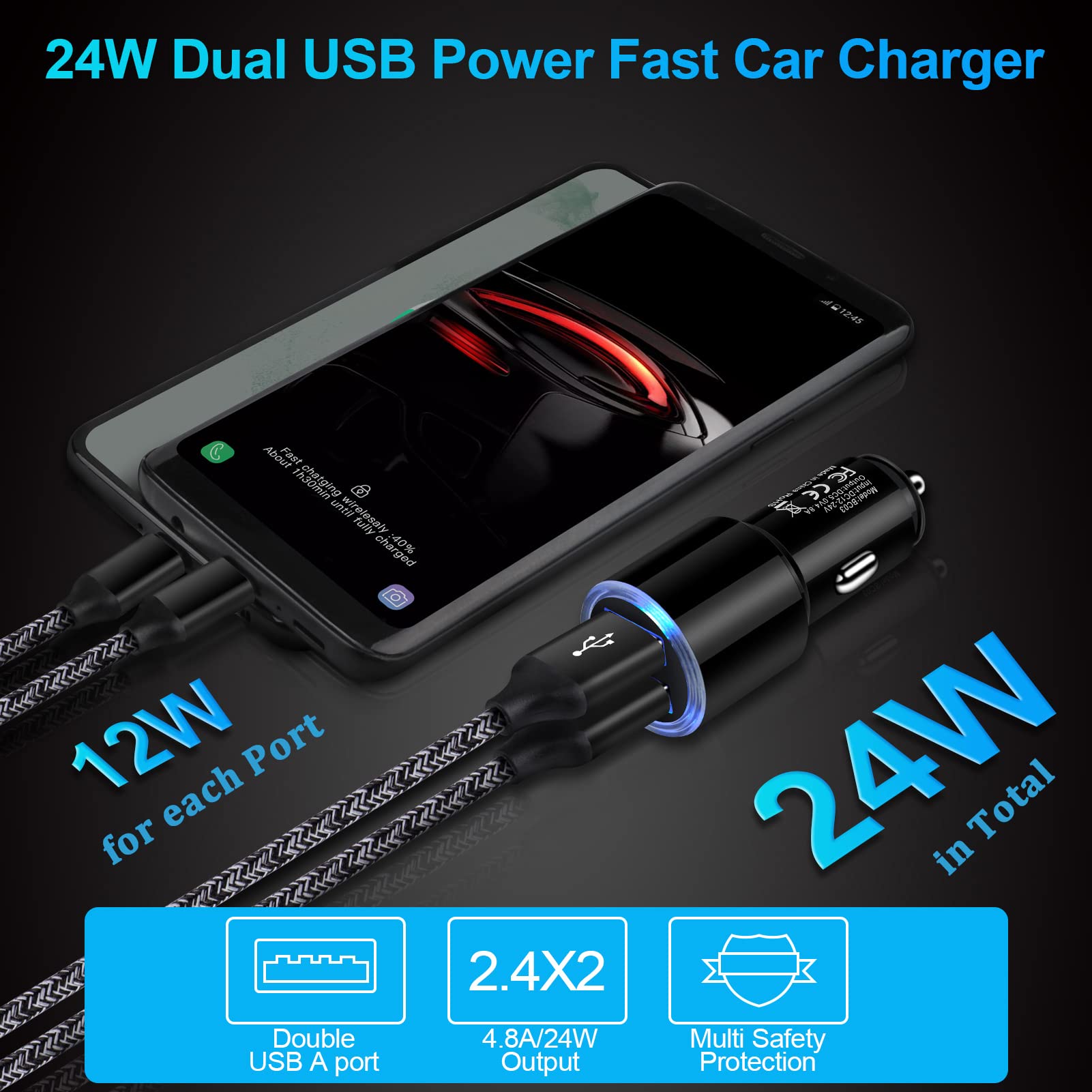 USB Car Charger, 2 Pack 4.8A Fast Charging Dual Port USB Cigarette Lighter Adapter for iPhone 15 14 13 12 11 Pro Max SE XR X 8 7 6, iPad, Samsung Galaxy S23 S22 S21 S20 S1 0 S9 S8 S7 A51, Android, Kindle