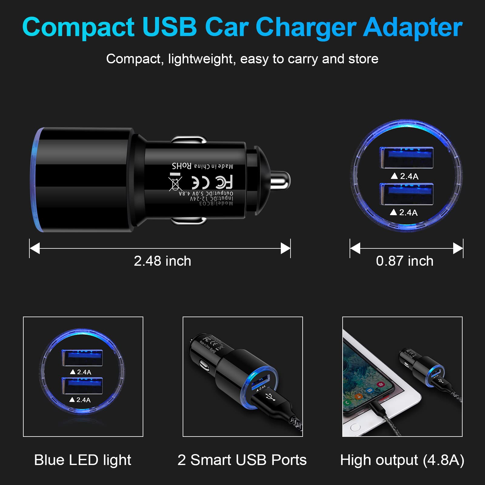 USB Car Charger, 2 Pack 4.8A Fast Charging Dual Port USB Cigarette Lighter Adapter for iPhone 15 14 13 12 11 Pro Max SE XR X 8 7 6, iPad, Samsung Galaxy S23 S22 S21 S20 S1 0 S9 S8 S7 A51, Android, Kindle