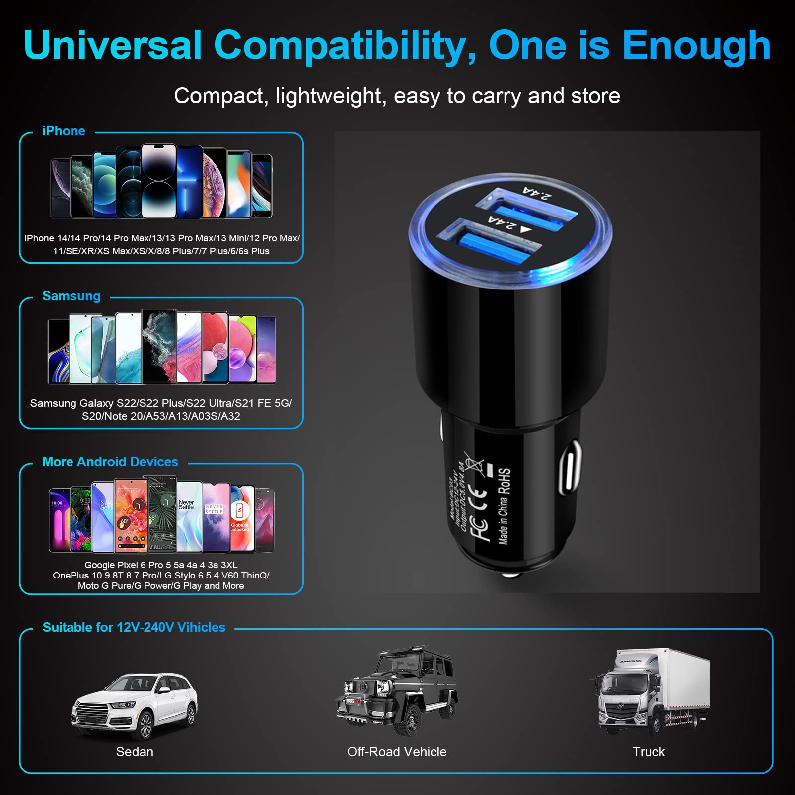 USB Car Charger, 2 Pack 4.8A Fast Charging Dual Port USB Cigarette Lighter Adapter for iPhone 15 14 13 12 11 Pro Max SE XR X 8 7 6, iPad, Samsung Galaxy S23 S22 S21 S20 S1 0 S9 S8 S7 A51, Android, Kindle