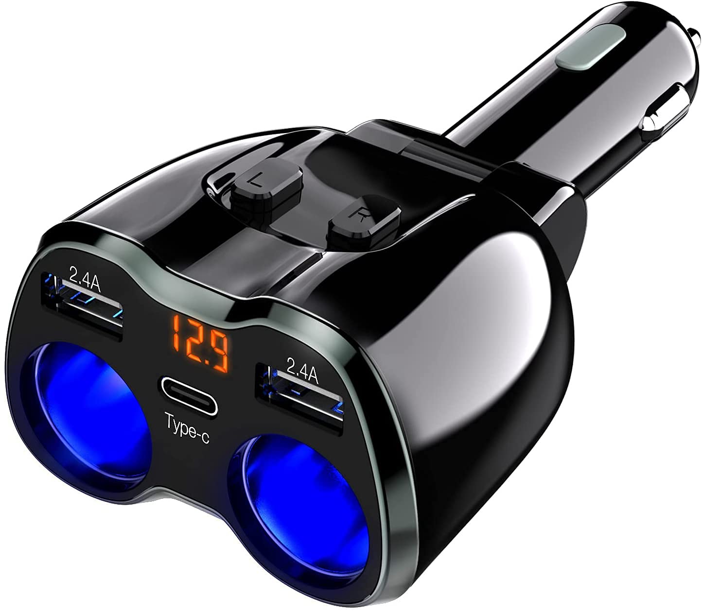 USB C Car Charger, 2 Outlet Cigarette Lighter Splitter 12/24V 80W Dual USB Type-C Ports Independent Switch LED Voltage Display Built-in Replaceable 10A Fuse Compatible with Mobile Phone GPS Dash Cam