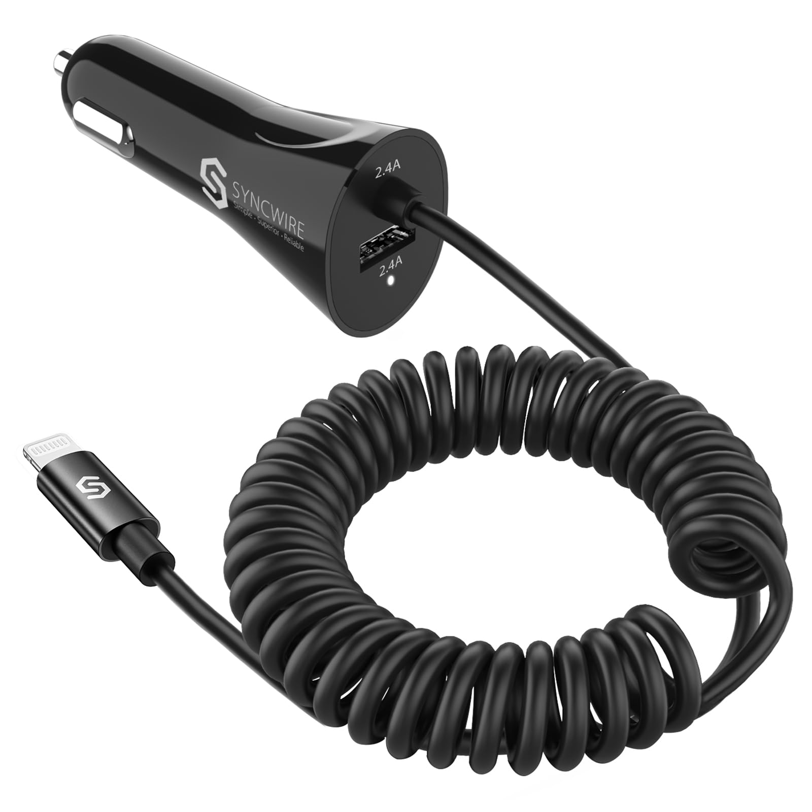 iPhone Car Charger - Upgrade [Apple MFi Certified] 4.8A/24W Car Charging Adapter with Built-in Coiled Lightning Data Cable for Apple iPhone 14/13/12/11/Xs/XS Max/XR/X/8/7 /6 Plus iPad and more