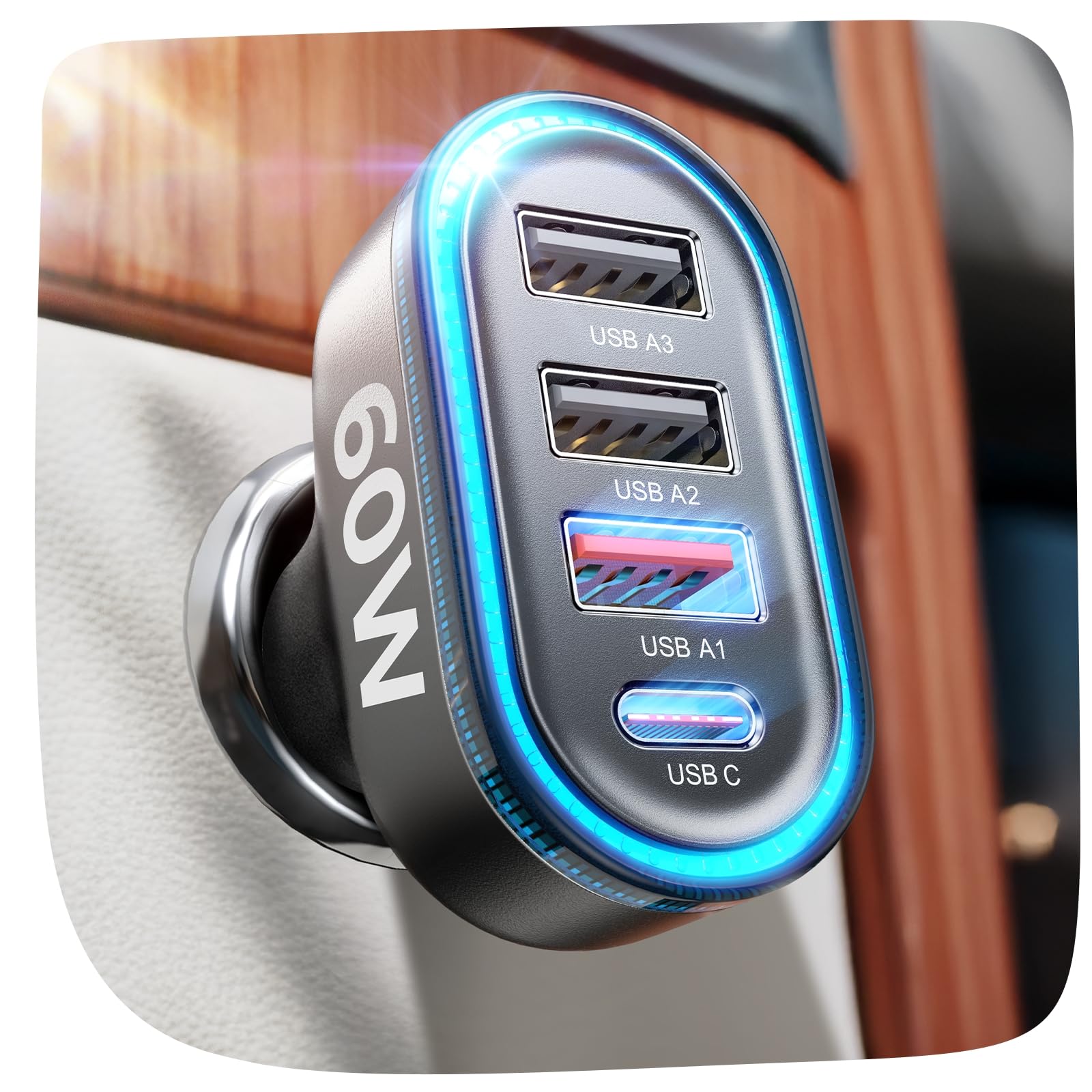 USB Car Charger Fast Charging, LISEN 60W Car USB Charger Multi-Port, USB C Car Charger Adapter Socket, PD&QC3.0 Cigarette Lighter USB Charger for iPhone 16/15/14/13/12, Samsung Galaxy S25 Ultra. Pixel,Pixel