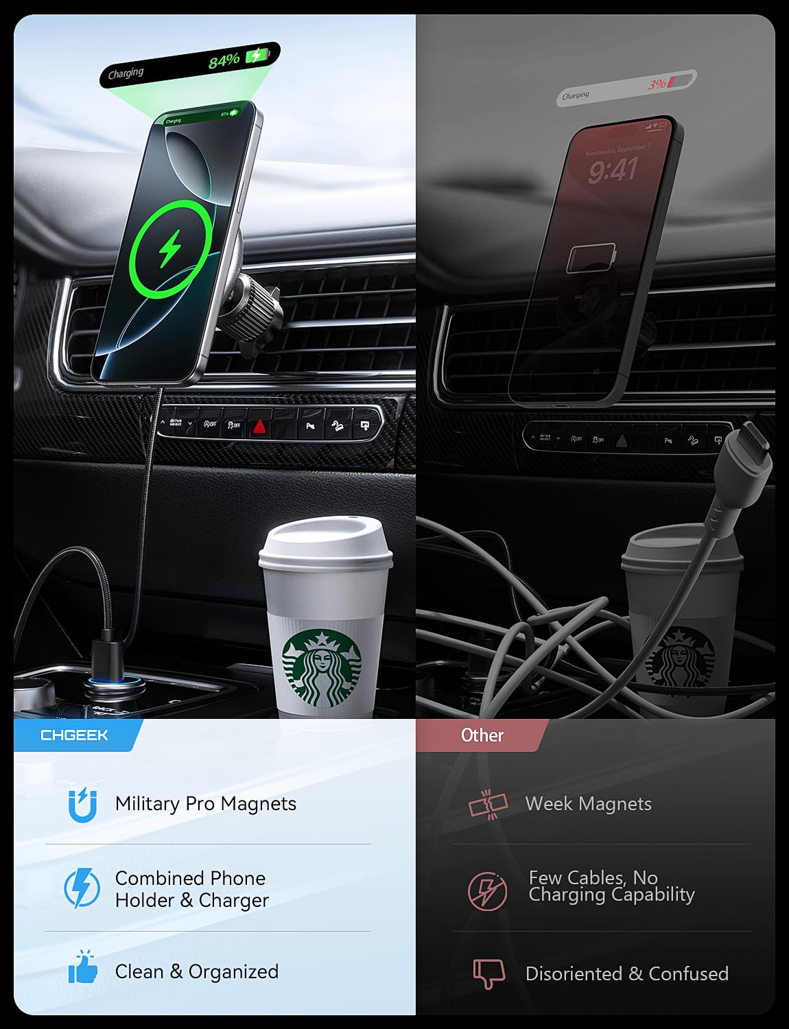15W MagSafe LED Wireless Car Vent Mount Charger