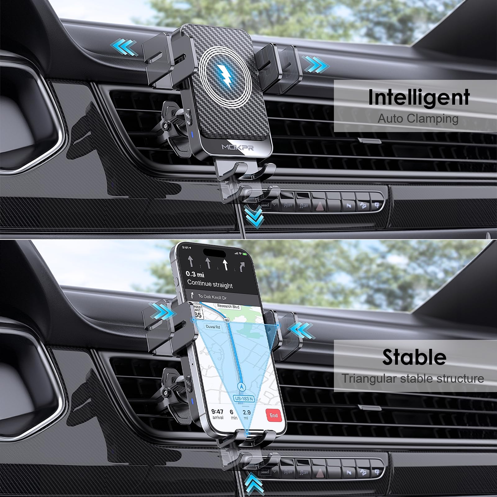 Wireless 15W Fast Charging Auto Clamping Car Charger Phone Holder Compatible with iPhone 16/15/14/13/12 pro/12/11, Samsung Galaxy S23/S22 /S21/S2S20 etc