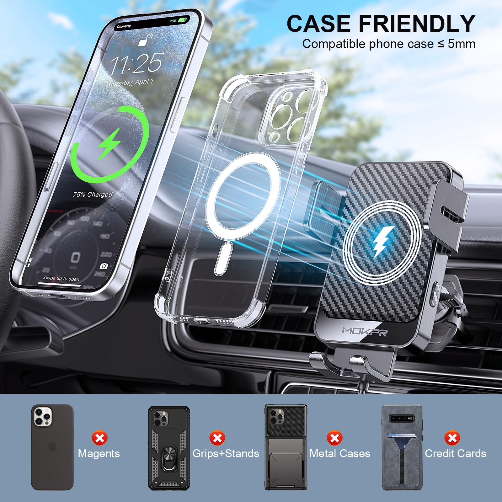 Wireless 15W Fast Charging Auto Clamping Car Charger Phone Holder Compatible with iPhone 16/15/14/13/12 pro/12/11, Samsung Galaxy S23/S22 /S21/S2S20 etc