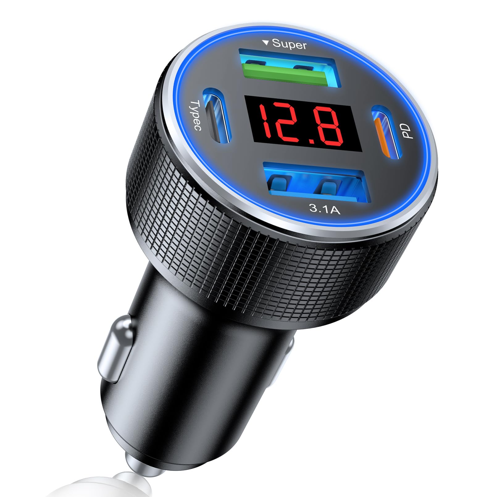 USB C Car Charger, 78W 4-Port iPhone Car Charger Adapter with Voltmeter USB C Car Phone Charger Fast Charging Type C Cigarette Lighter USB Charger for iPhone 16/15/14/13/12, Samsung Galaxy, iPad