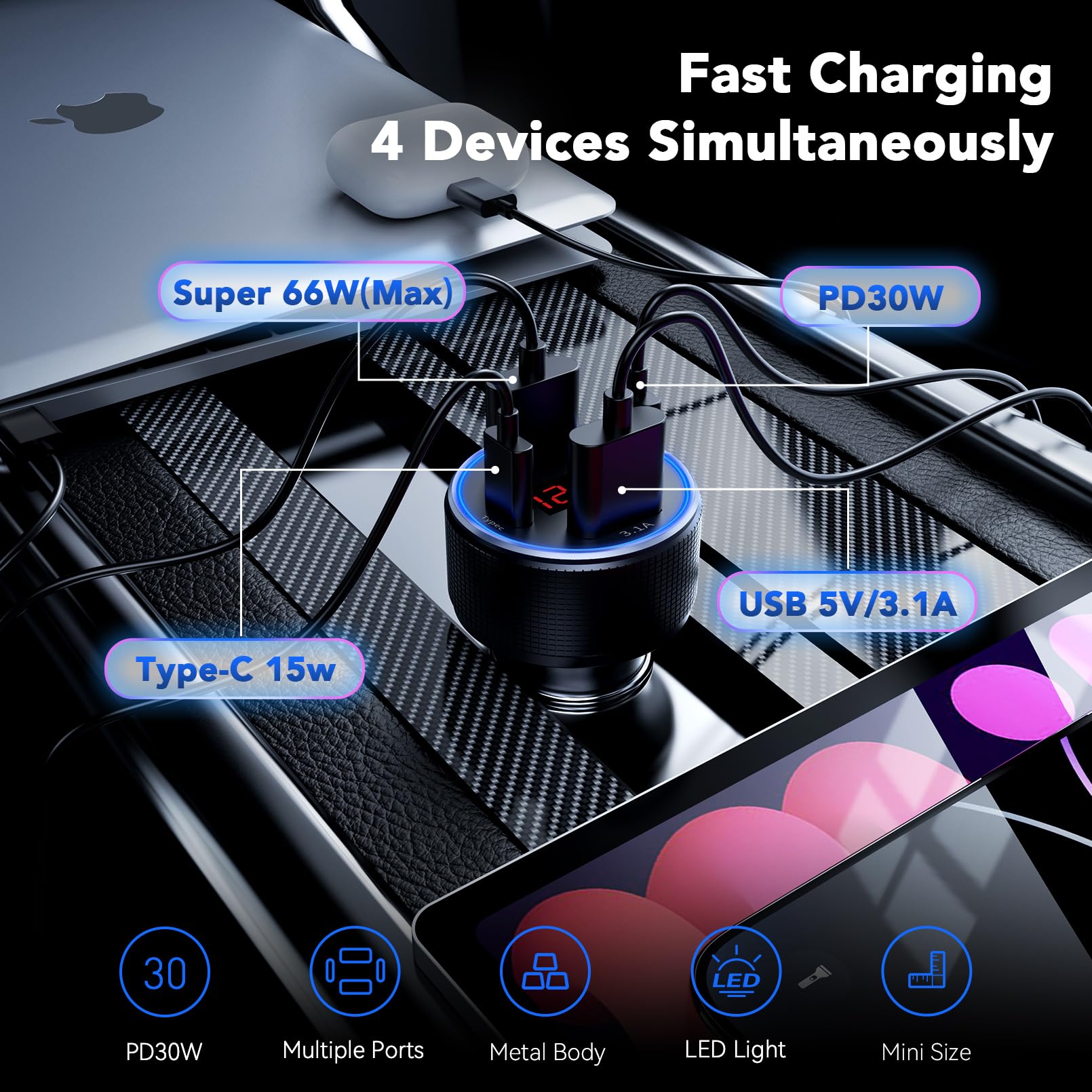 USB C Car Charger, 78W 4-Port iPhone Car Charger Adapter with Voltmeter USB C Car Phone Charger Fast Charging Type C Cigarette Lighter USB Charger for iPhone 16/15/14/13/12, Samsung Galaxy, iPad