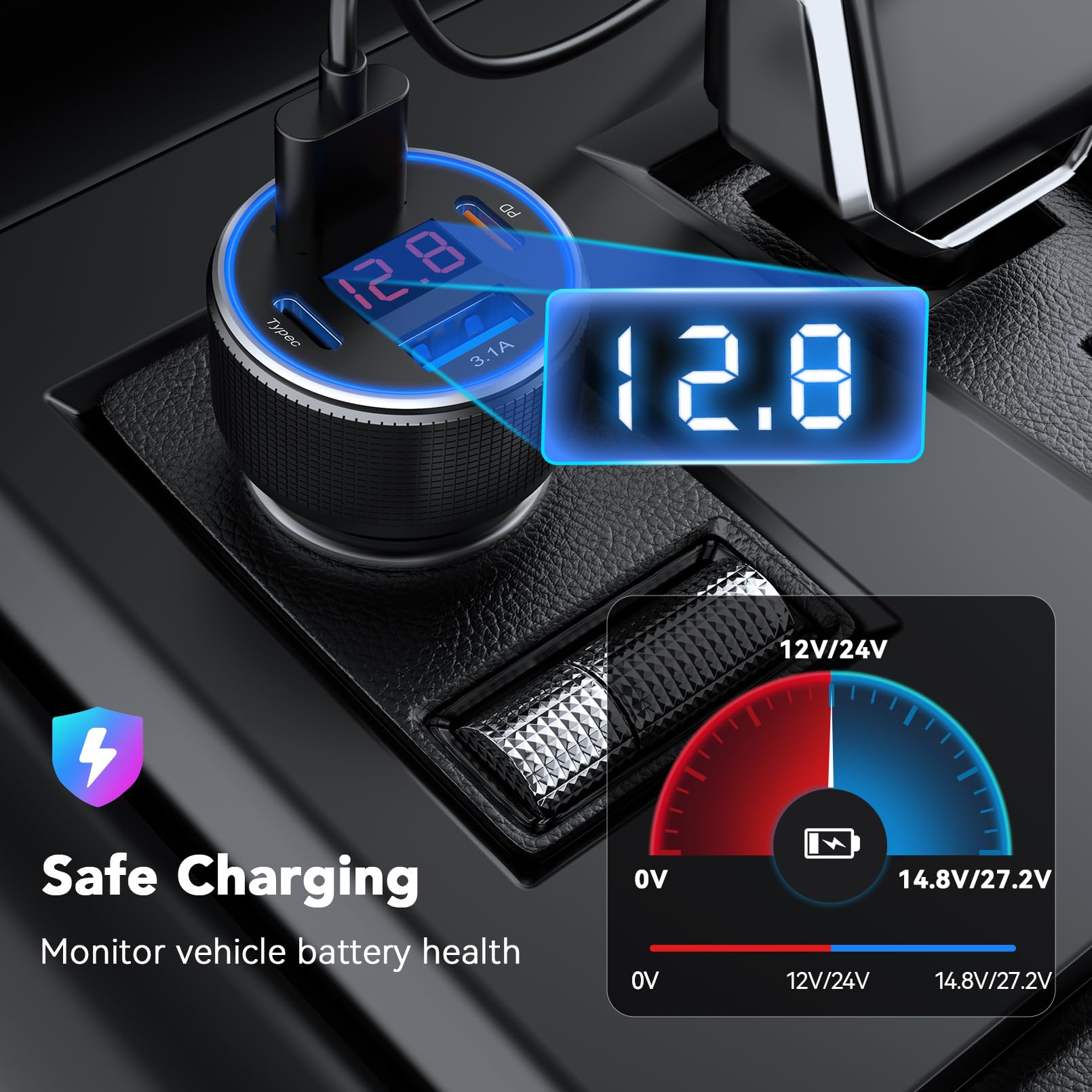 USB C Car Charger, 78W 4-Port iPhone Car Charger Adapter with Voltmeter USB C Car Phone Charger Fast Charging Type C Cigarette Lighter USB Charger for iPhone 16/15/14/13/12, Samsung Galaxy, iPad