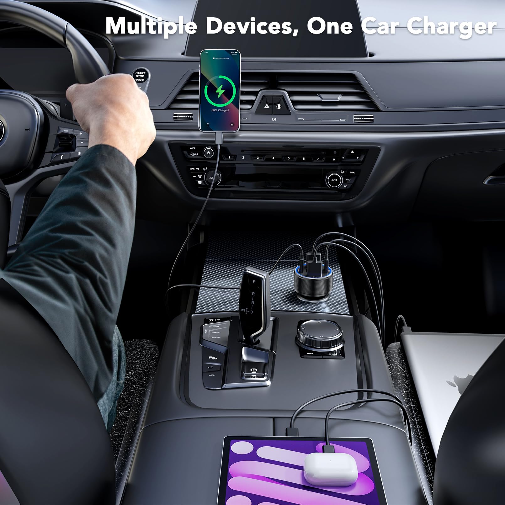 USB C Car Charger, 78W 4-Port iPhone Car Charger Adapter with Voltmeter USB C Car Phone Charger Fast Charging Type C Cigarette Lighter USB Charger for iPhone 16/15/14/13/12, Samsung Galaxy, iPad