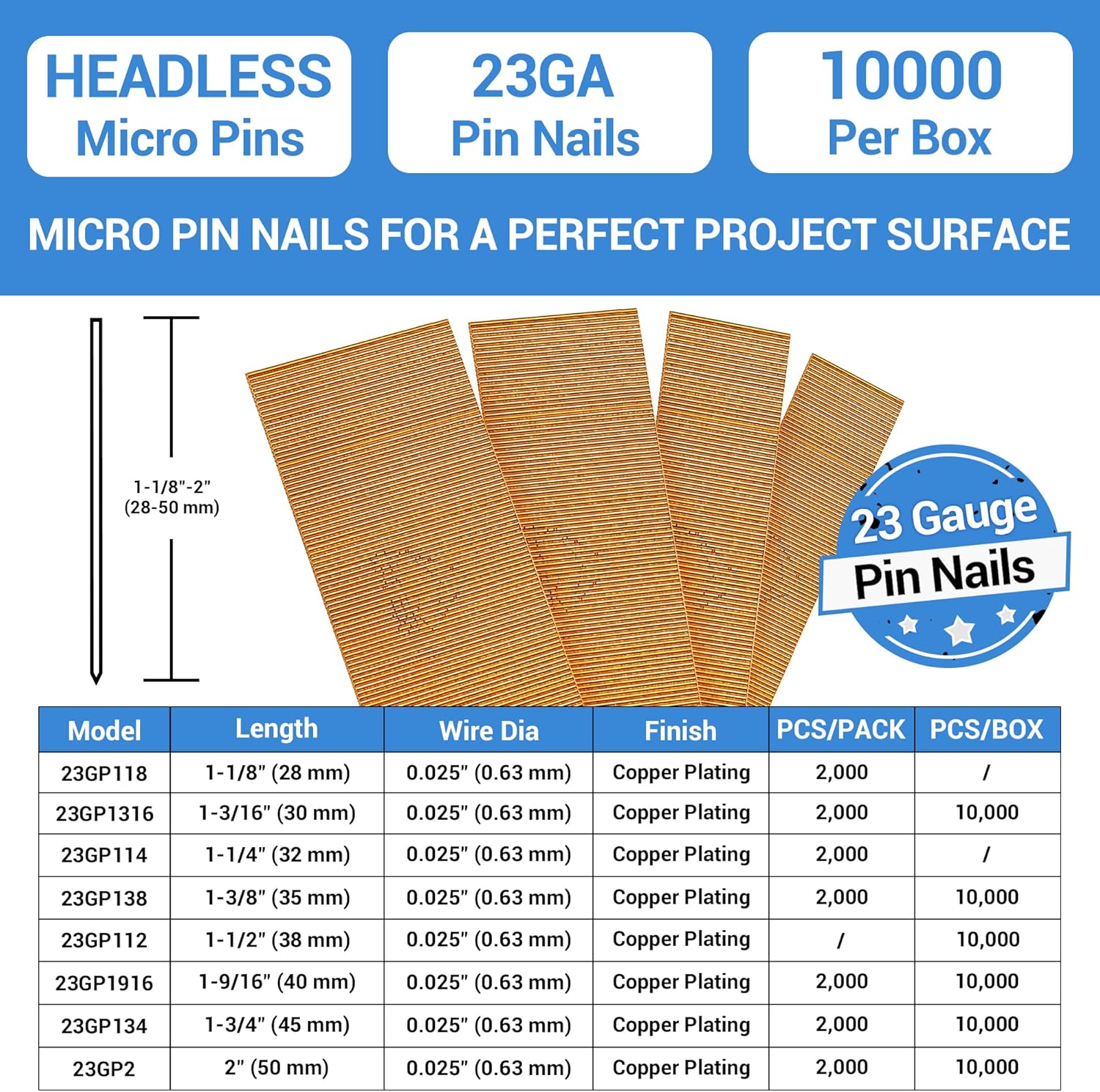 10000pcs 23 Ga 1 3/16" Headless Brad Nails Copper