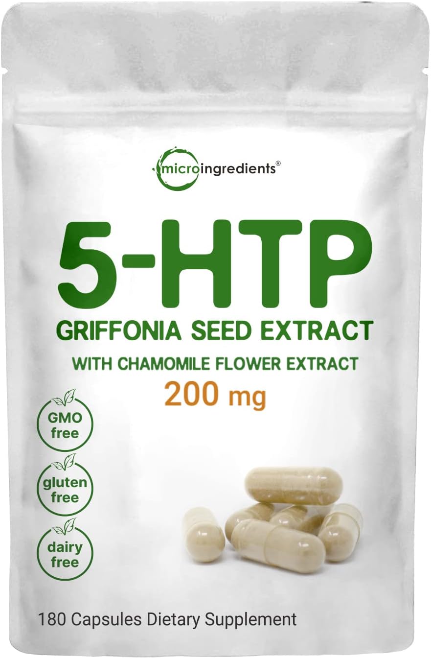 Micro-ingredients 5-HTP 200mg Chamomile Flower Extract | 180 capsules | 2-in-1 formula | 98% Griffonia Seed Extract | Chamomile Enhanced | Highly Bioavailable for Mood | Sleep and Relaxation