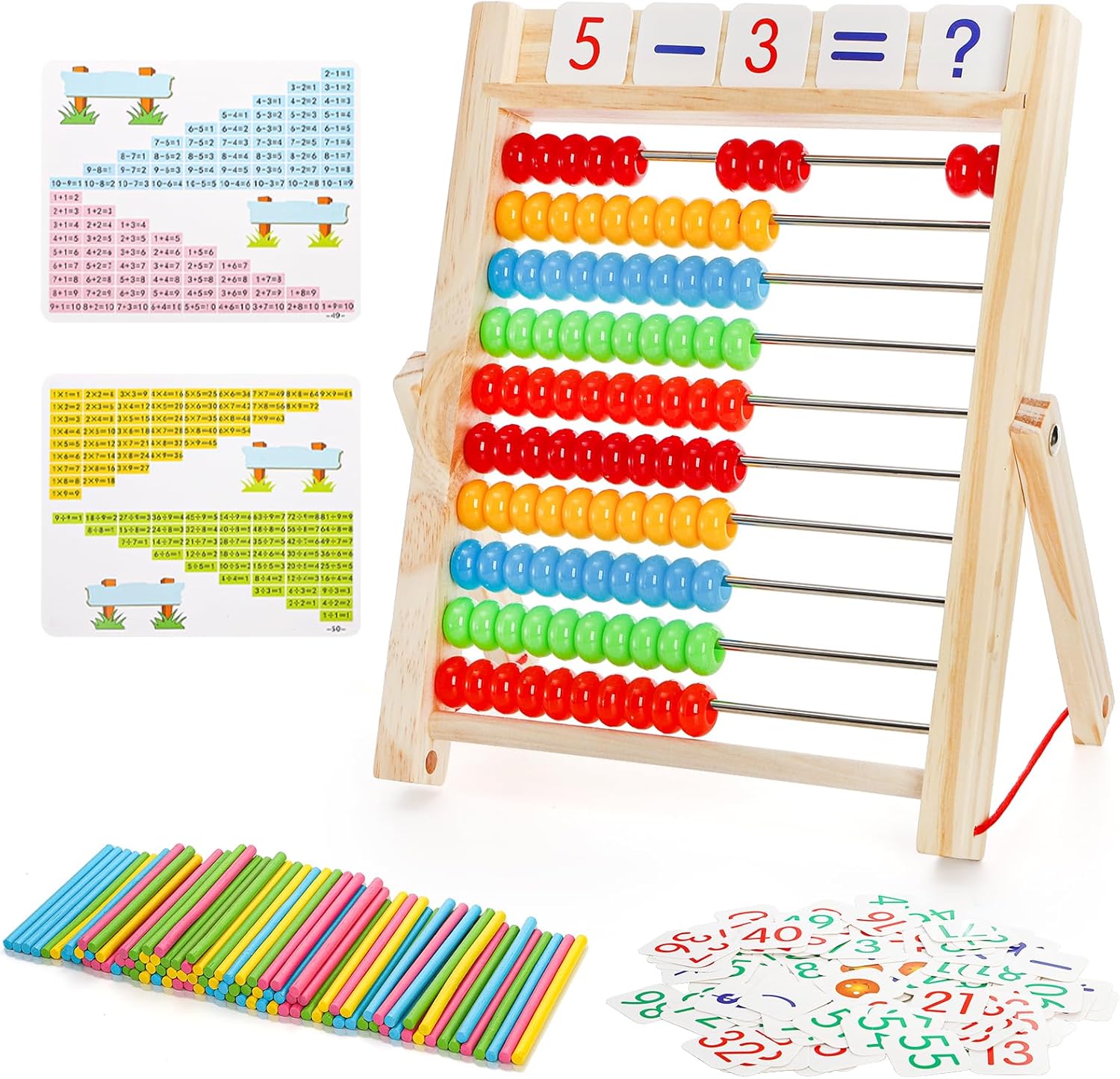 Wooden Abacus for Kids Math with Counting Sticks and Number Toys Cards