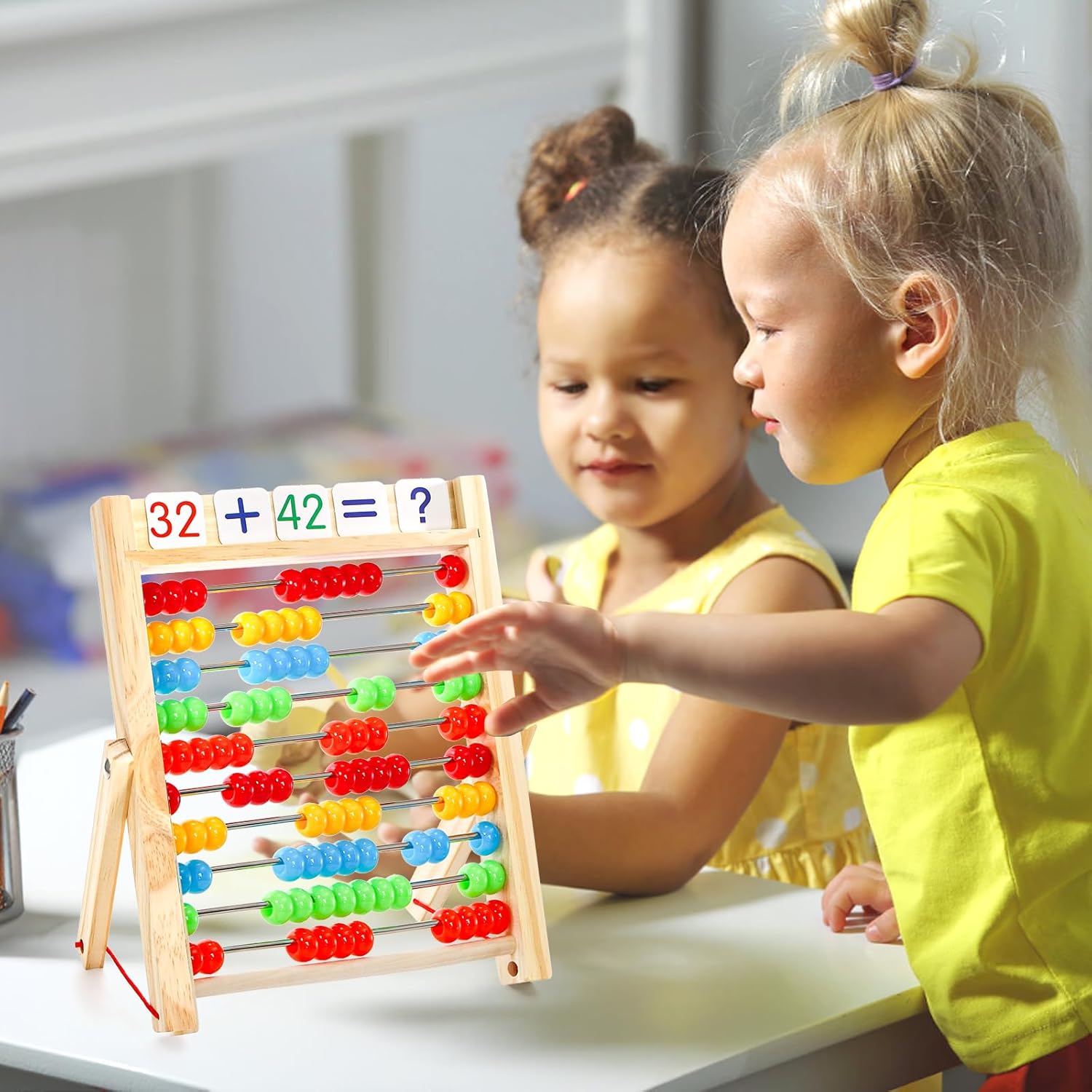 Wooden Abacus for Kids Math with Counting Sticks and Number Toys Cards