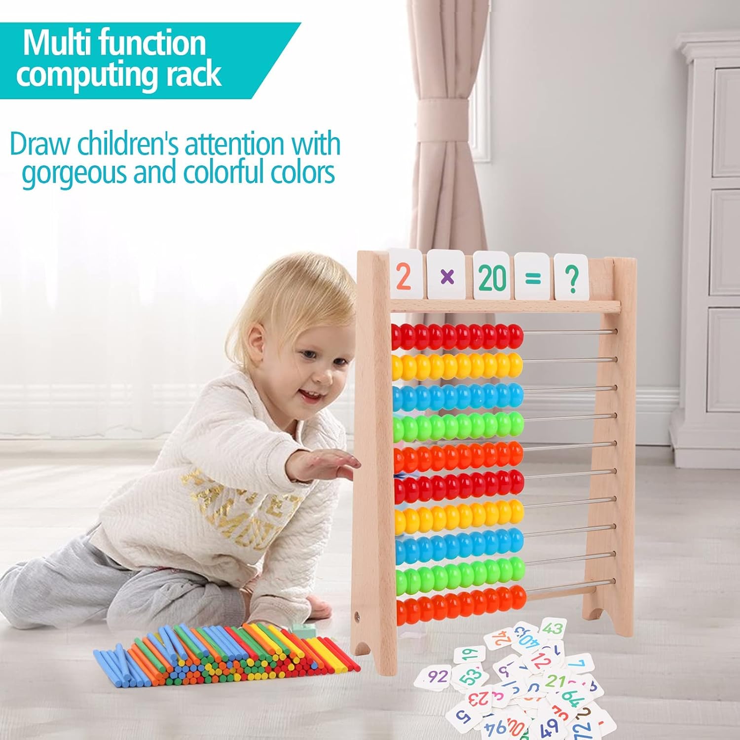 Children's Math Wooden Abacus, Counting Stick, Numbers Alphabet Cards