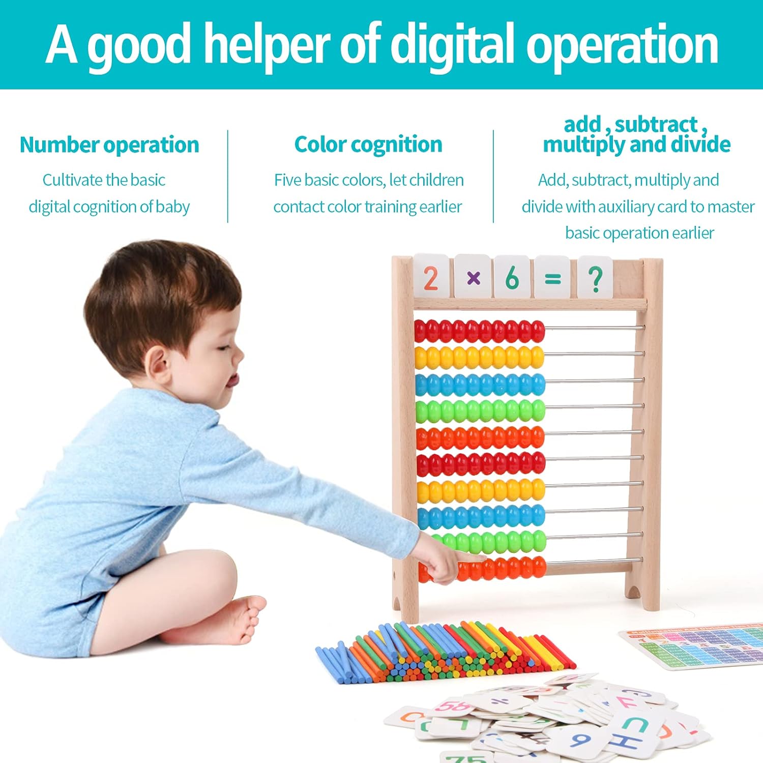 Children's Math Wooden Abacus, Counting Stick, Numbers Alphabet Cards
