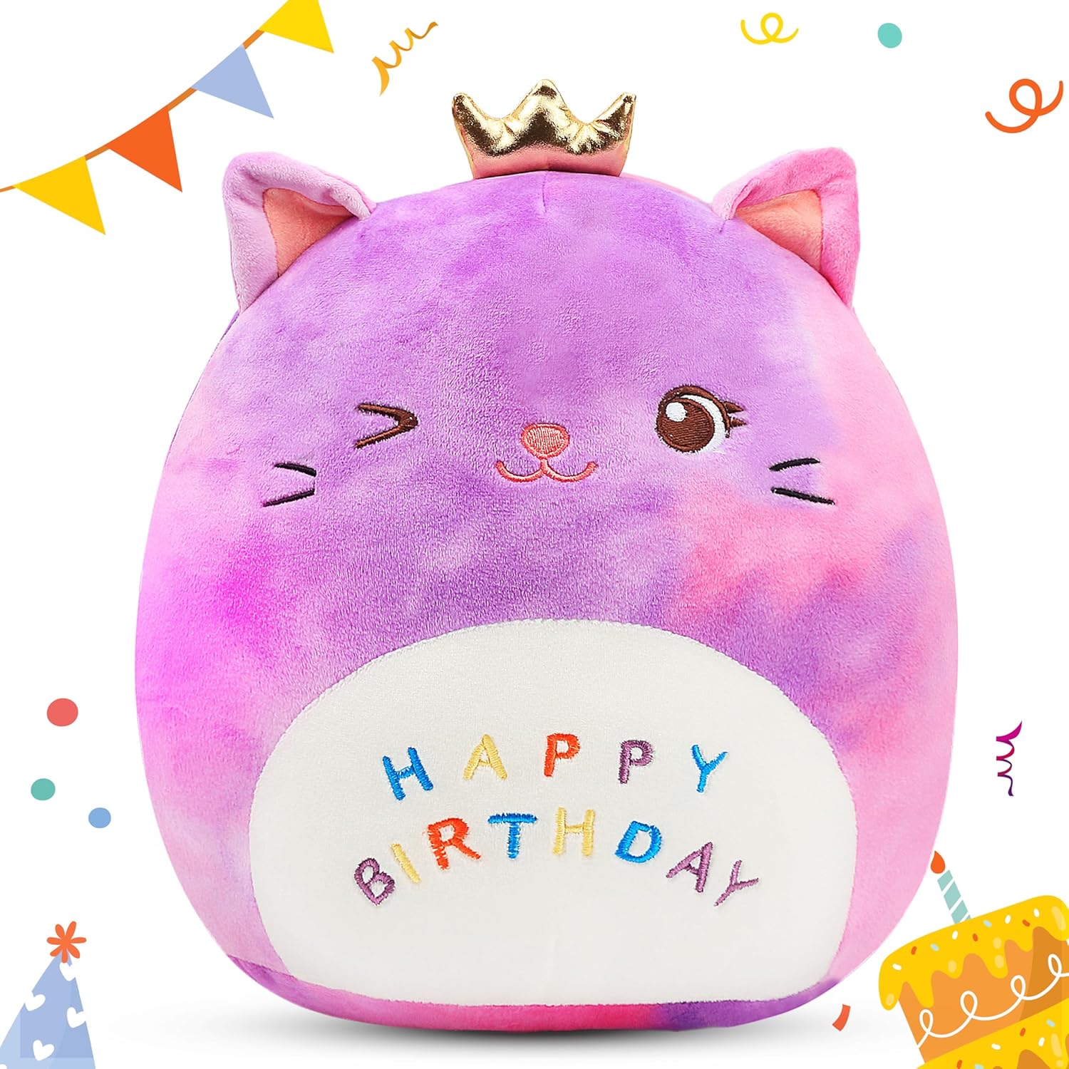 12" Rainbow Birthday Kitten Plush Pillow