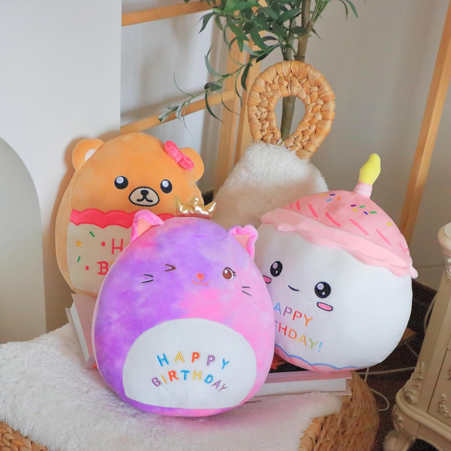 12" Rainbow Birthday Kitten Plush Pillow