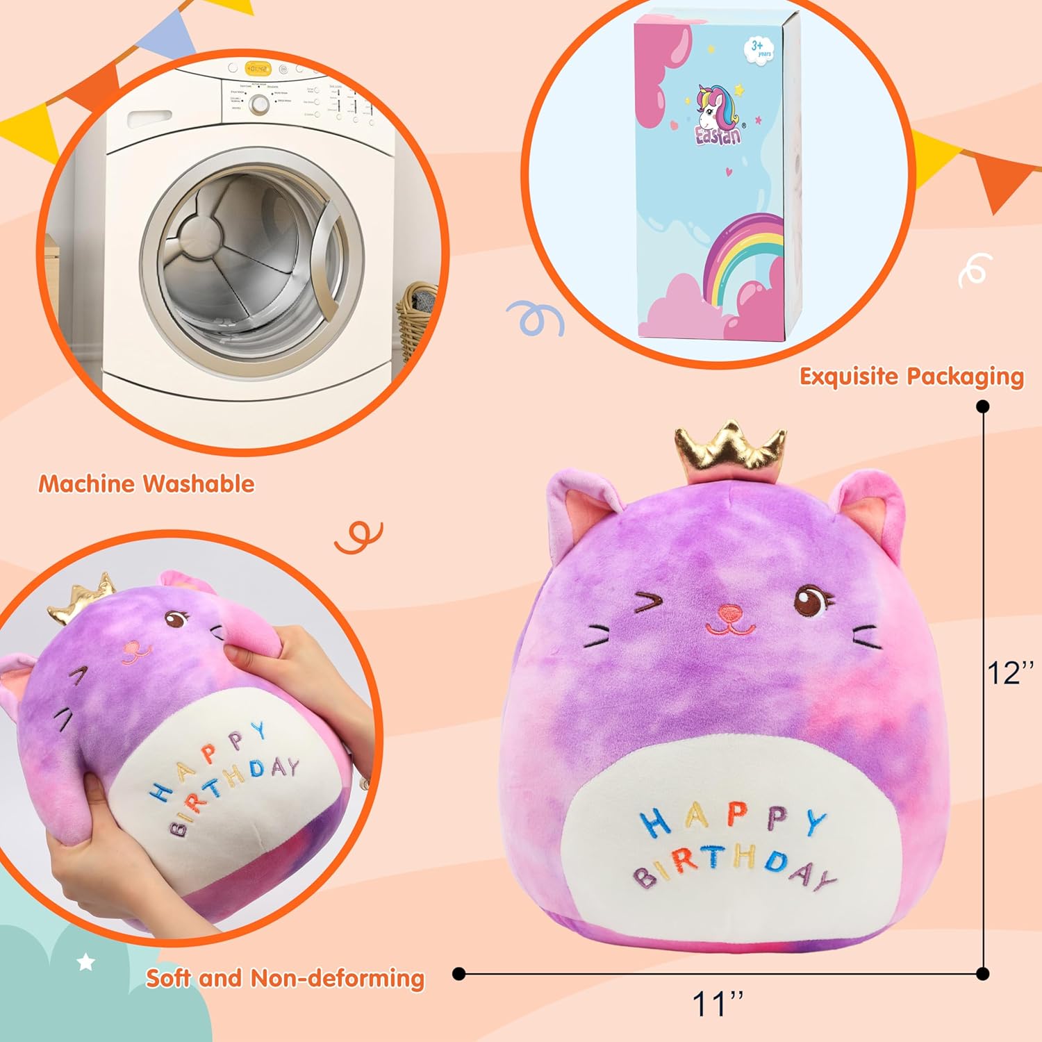 12" Rainbow Birthday Kitten Plush Pillow