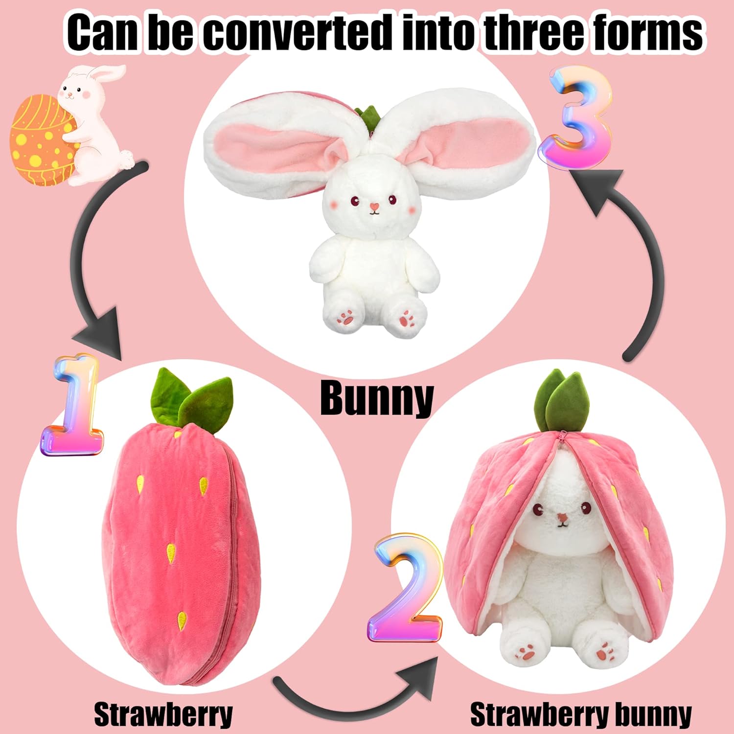 Bunny Stuffed Animal, Strawberry Reversible Cuddle Bunny Pillow