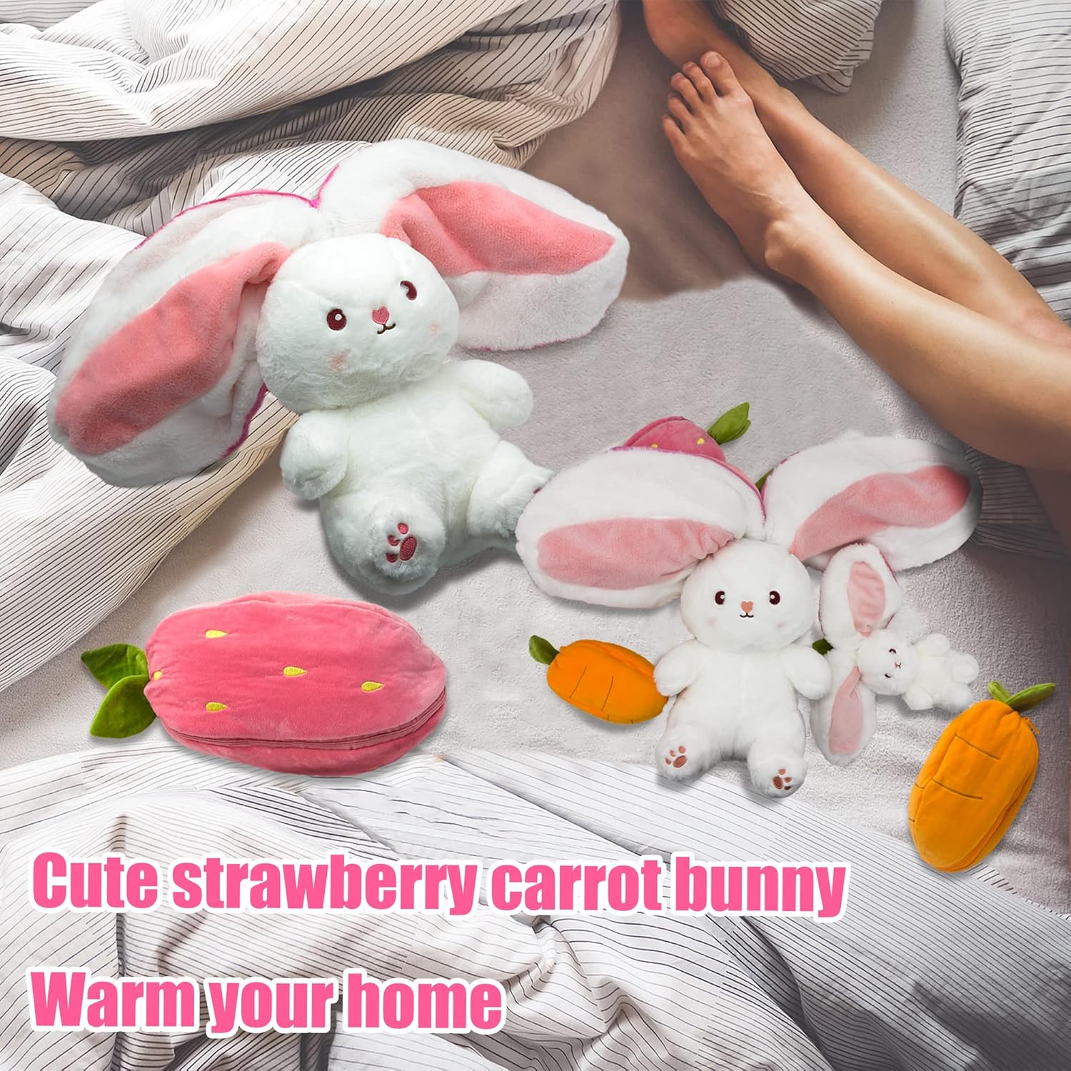 Bunny Stuffed Animal, Strawberry Reversible Cuddle Bunny Pillow