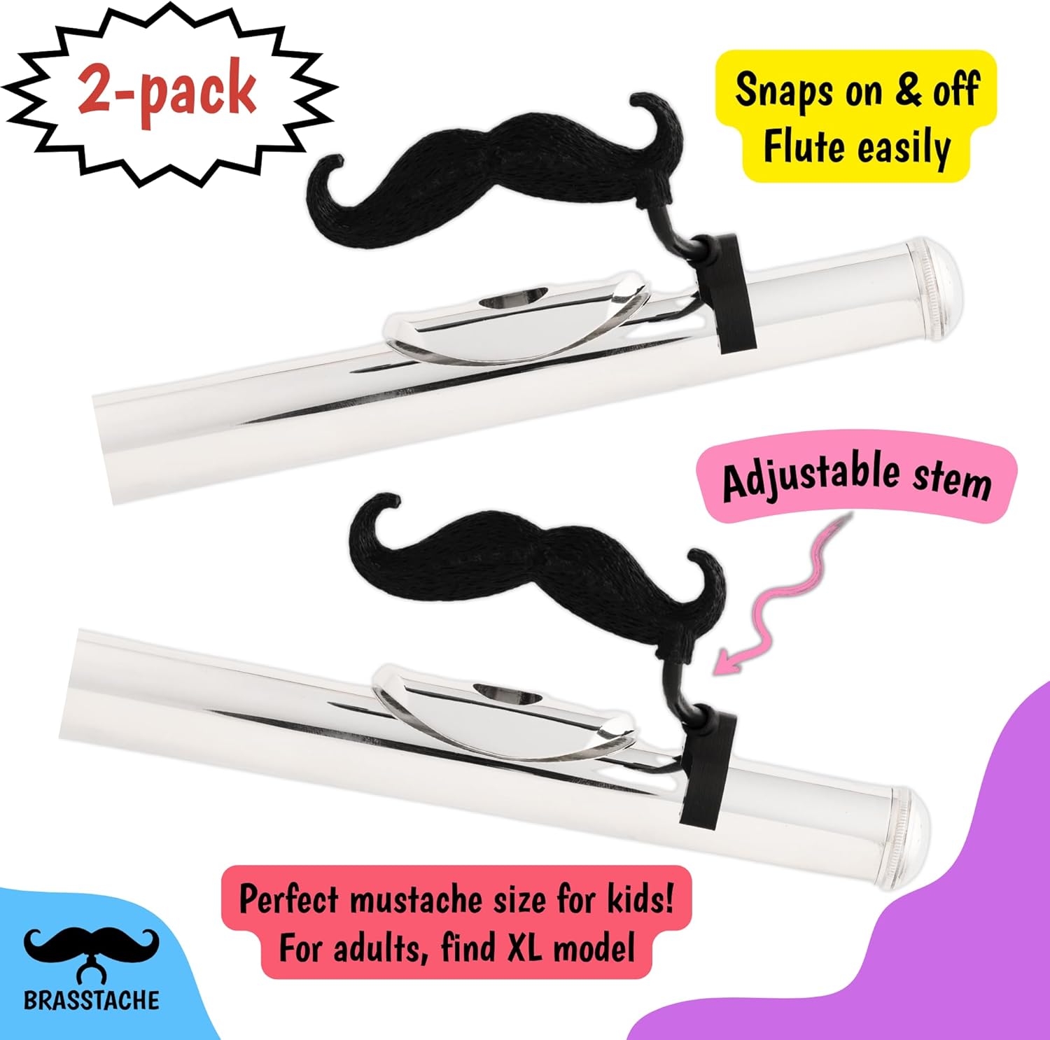 Flute-stache 2.0 Kids, 2-Pack Clip-on Moustache