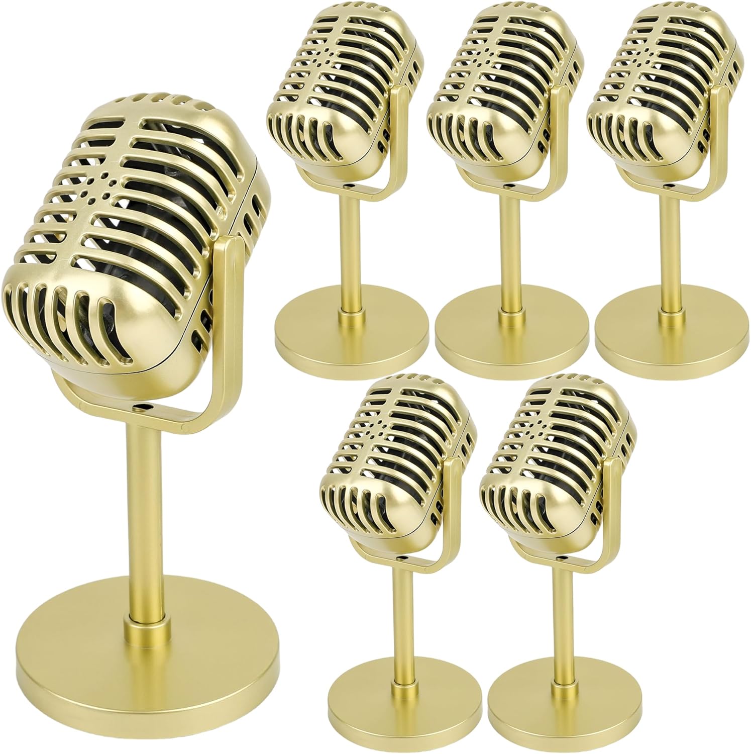6 Pack Retro Style Microphone Props Gold Fake Microphone Model with Stand Classic Vintage Plastic Microphone Props for Halloween Role Play Rock Hip Hop Music Party Decoration