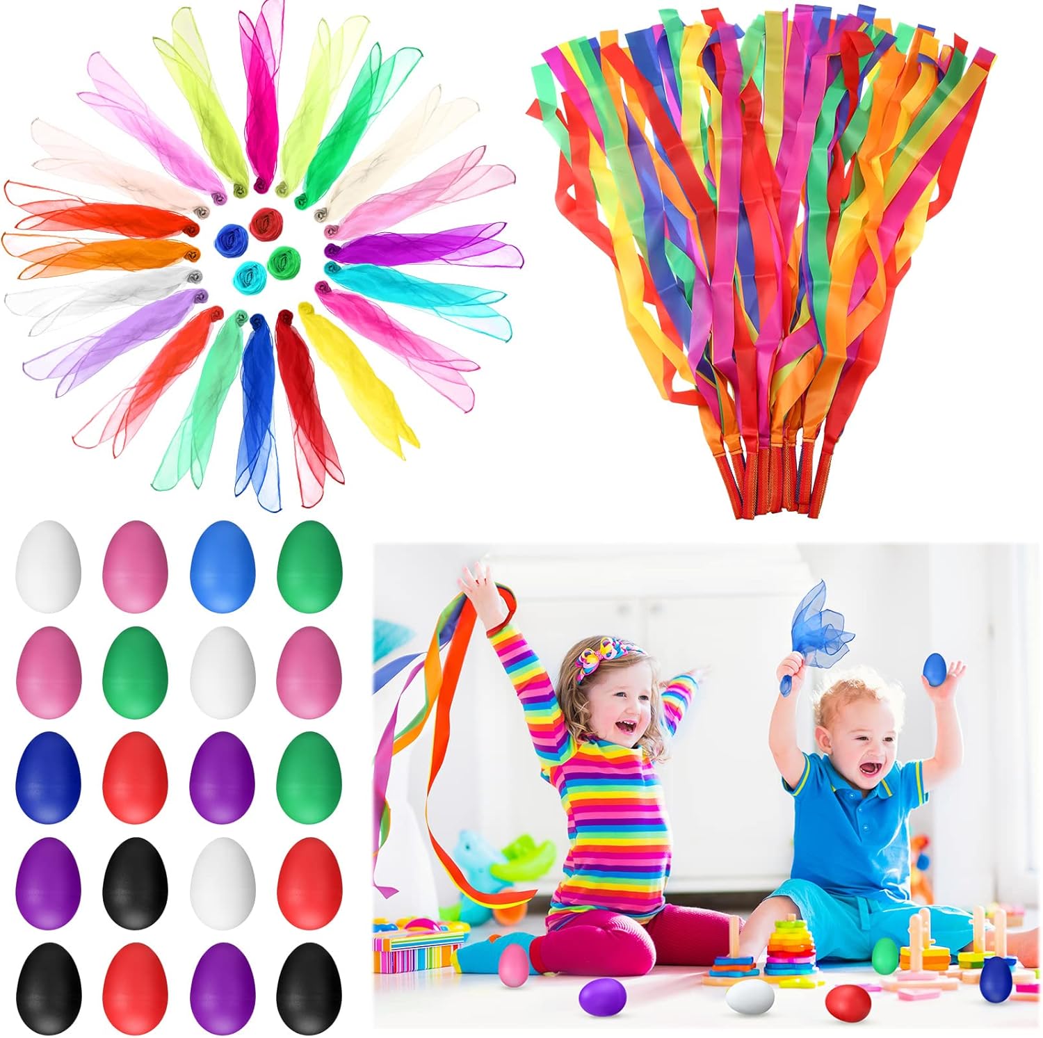 60 Pack Percussion Toy Set, Includes Shakers, Ribbons, Scarves