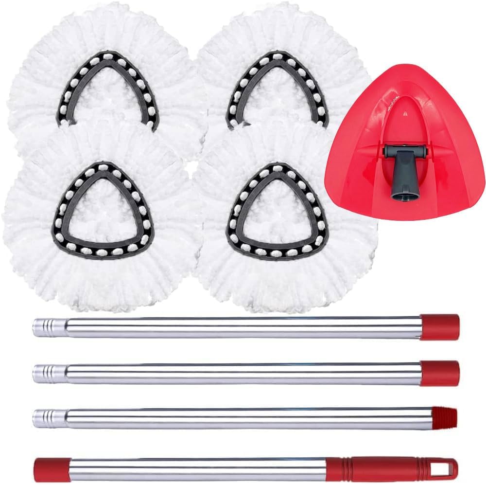 Spin Mop Replacement Head, Base, Handle Compatible with O Cedar EasyWring Microfiber Spin Mop, 4 Mop Replacement Heads, 30-58 Inch Mop Handle and 1 Mop Base Combo Kit (White (1-T) ank System)