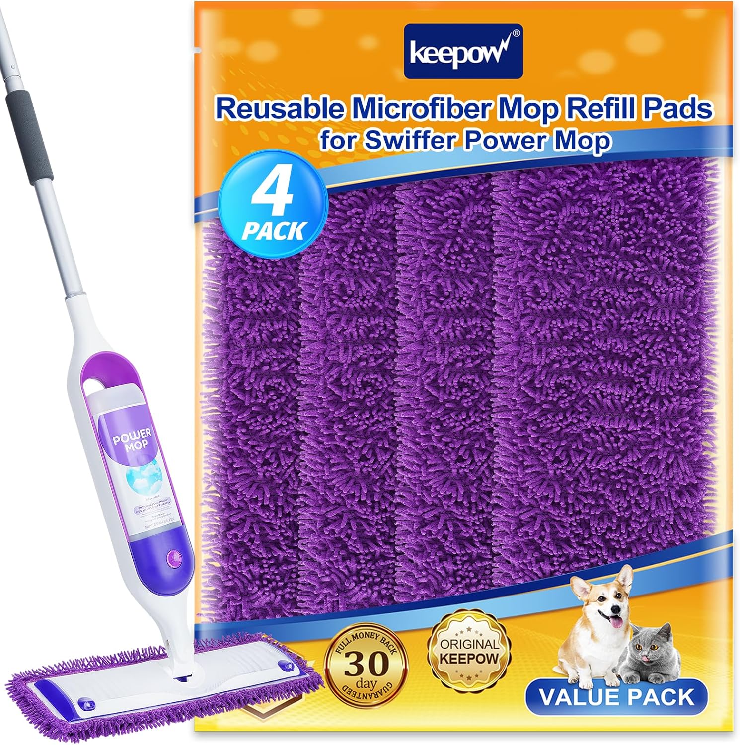 KEEPOW Reusable Power Mop Refill Pad Compatible with Swiffer PowerMop Microfiber Replacement Power Mop Pad for Hardwood Floor Cleaning, 4-Pack (Mop Not Included)