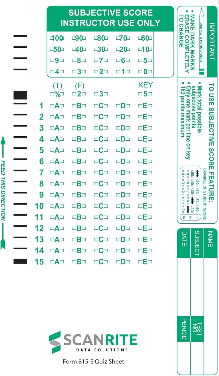 ScanRite 815-E Scantron Compatibility Quiz Sheet. 15 questions.