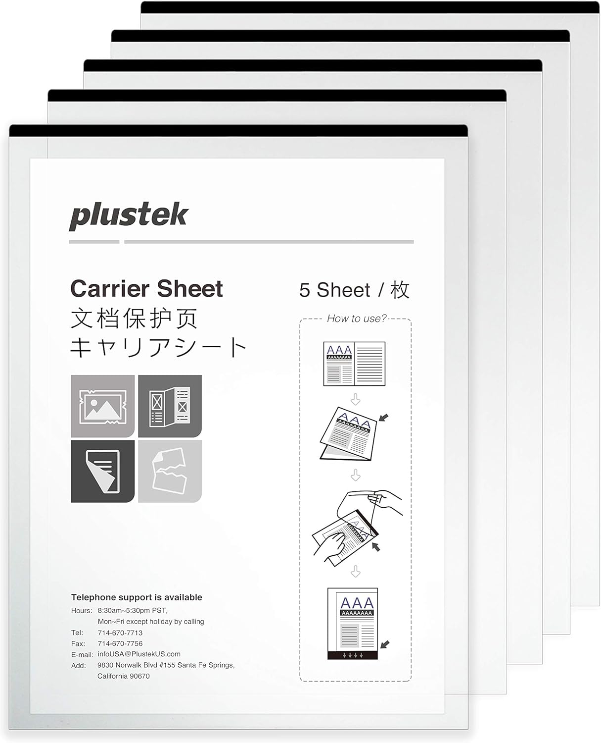 Plustek A4 / Letter Size Document Pouch (5 pcs) - Folding support for Epson, Brother, Fujitsu and Canon document scanners, protects fragile paper and A3 size documents