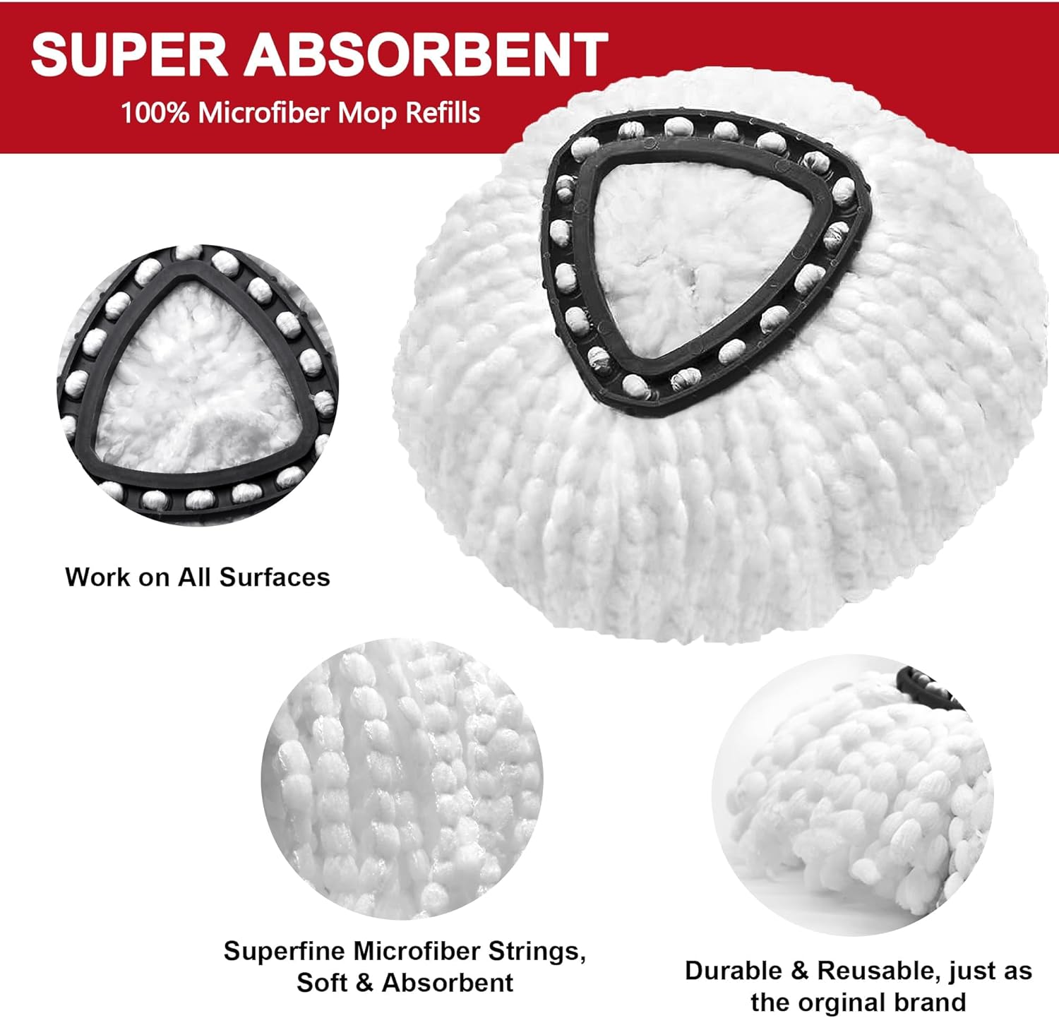 4 Replacement Mop Heads for O-Ceda Easy Wrin Spin Mop | Microfiber Spin Mop Replacement | Easy to Clean Mop Head Replacement